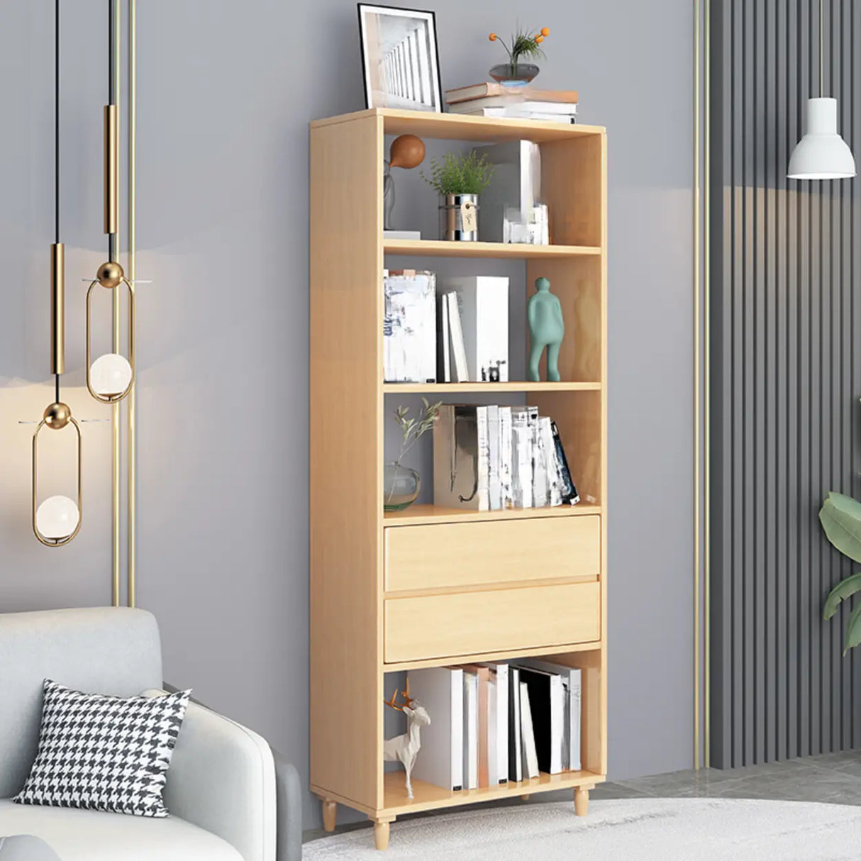 Modish Gray Vertical Wood Drawers Storage Bookcase Image - 7
