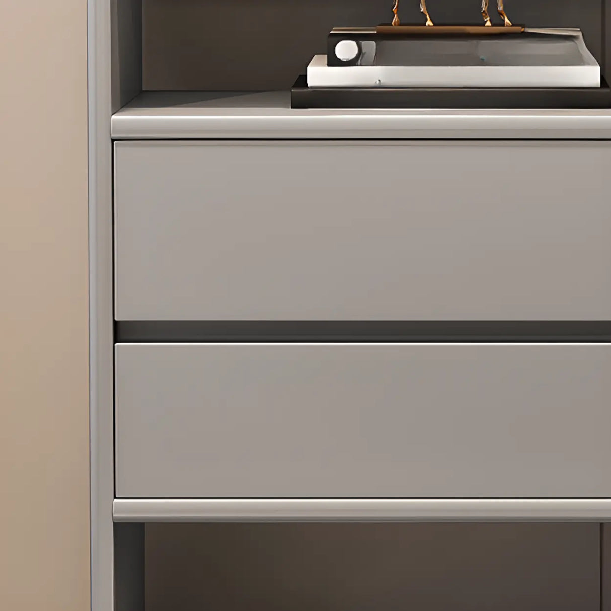 Modish Gray Vertical Wood Drawers Storage Bookcase Image - 8
