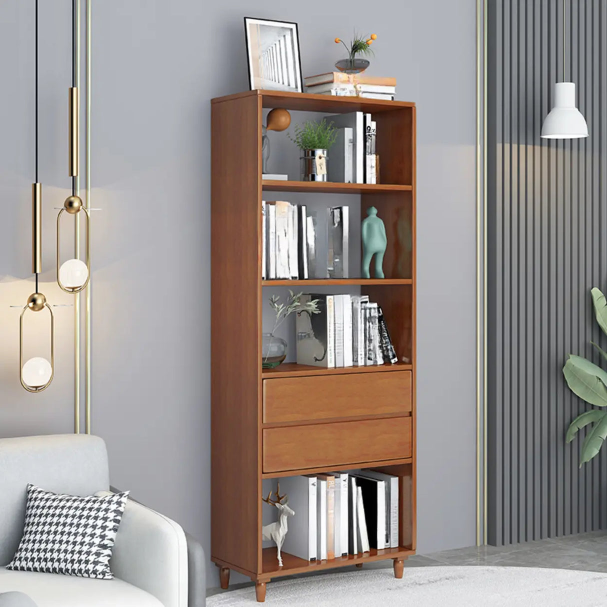 Modish Gray Vertical Wood Drawers Storage Bookcase Image - 9