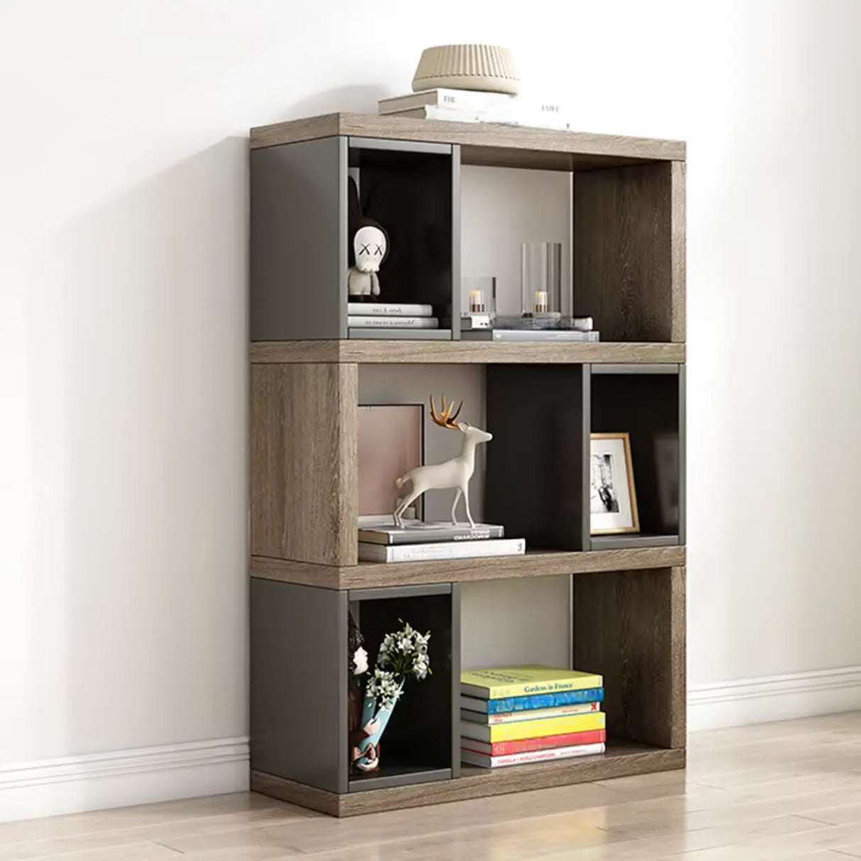 Modish Grey Cocoa Wood Open Rectangular Tall Bookcase Image - 11