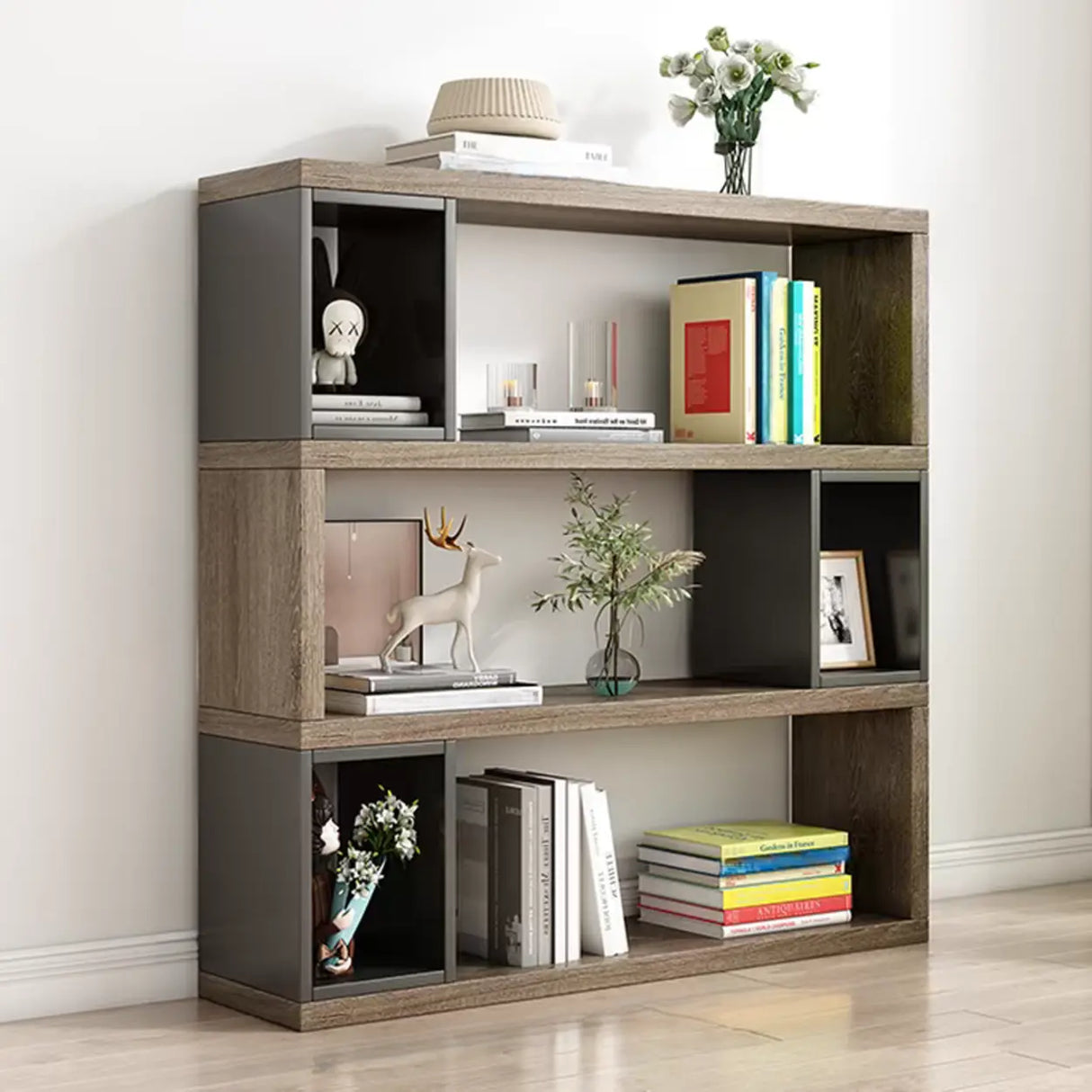 Modish Grey Cocoa Wood Open Rectangular Tall Bookcase Image - 13