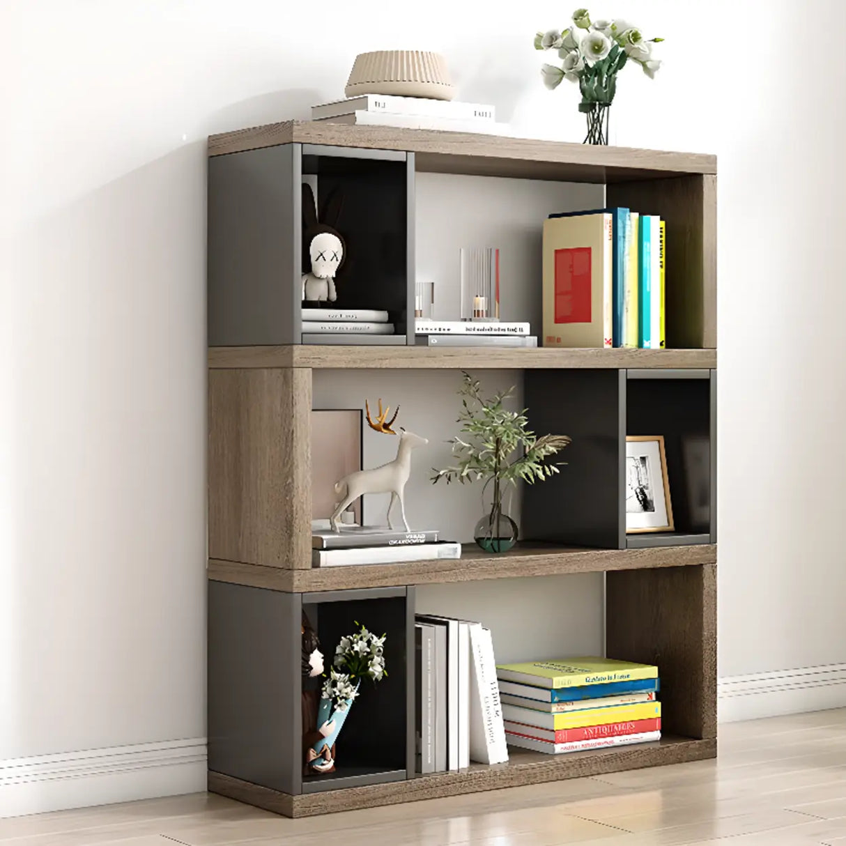 Modish Grey Cocoa Wood Open Rectangular Tall Bookcase Image - 14