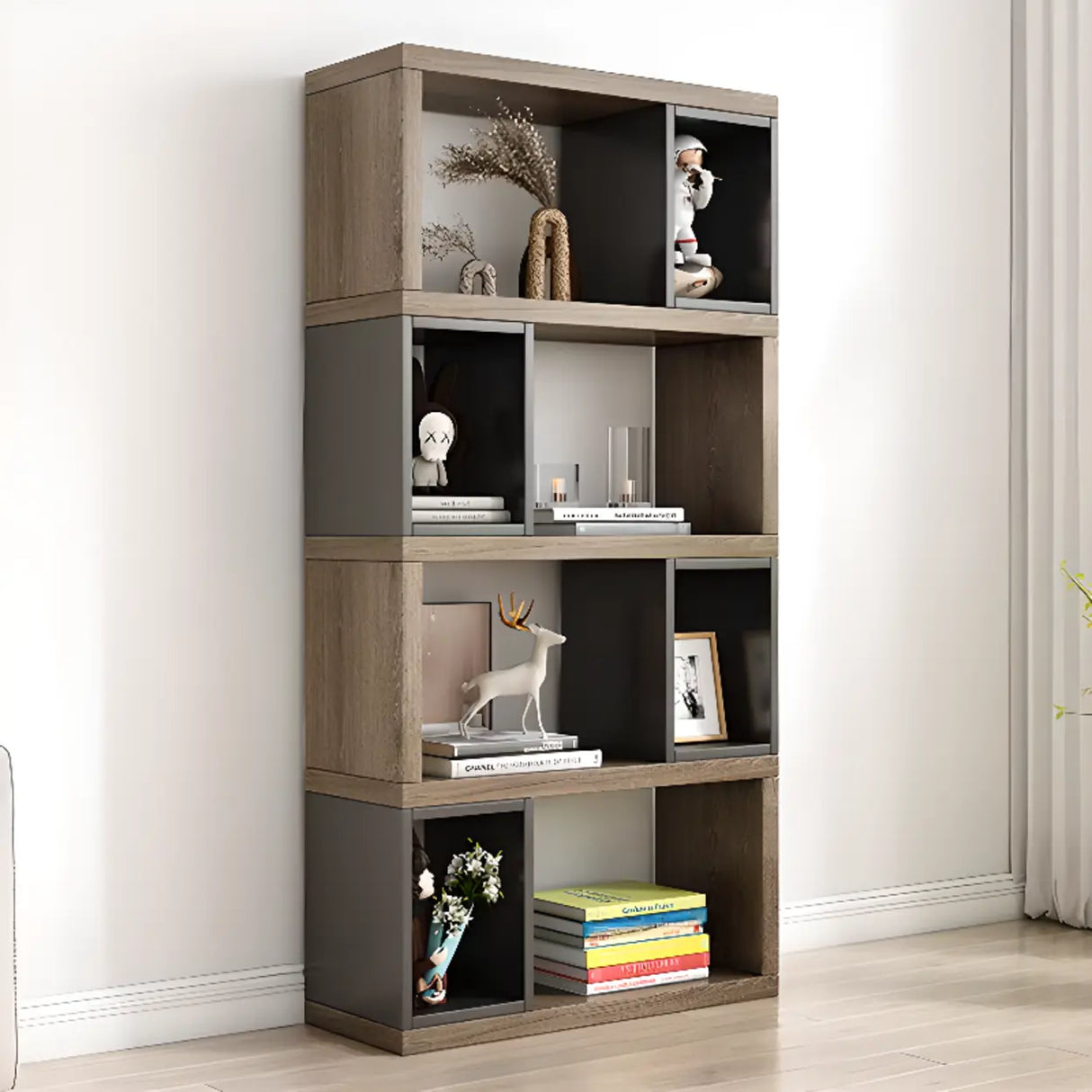 Modish Grey Cocoa Wood Open Rectangular Tall Bookcase Image - 16