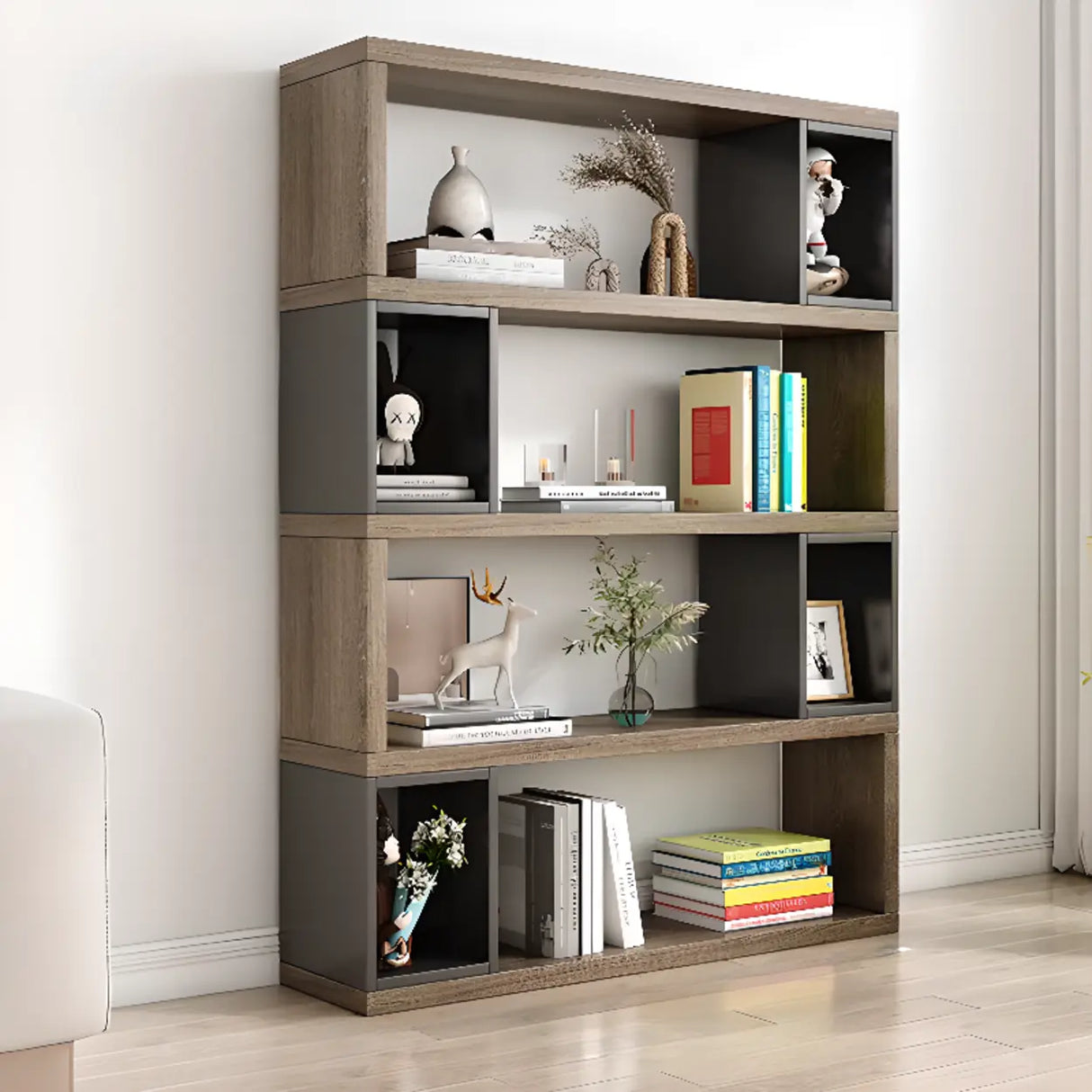 Modish Grey Cocoa Wood Open Rectangular Tall Bookcase Image - 17