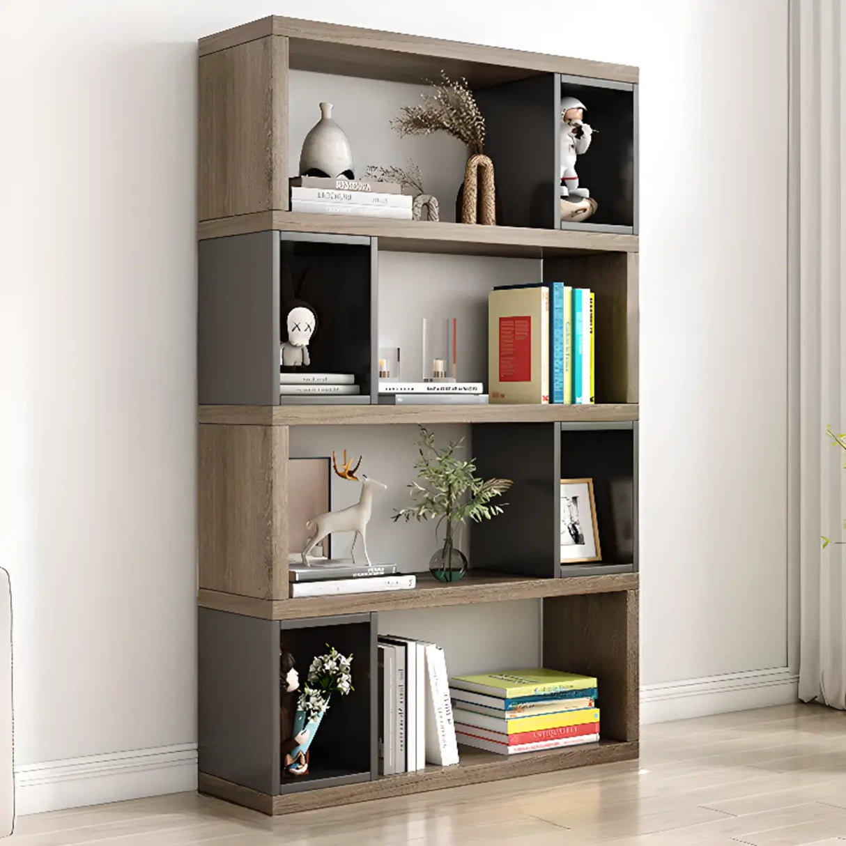 Modish Grey Cocoa Wood Open Rectangular Tall Bookcase Image - 18