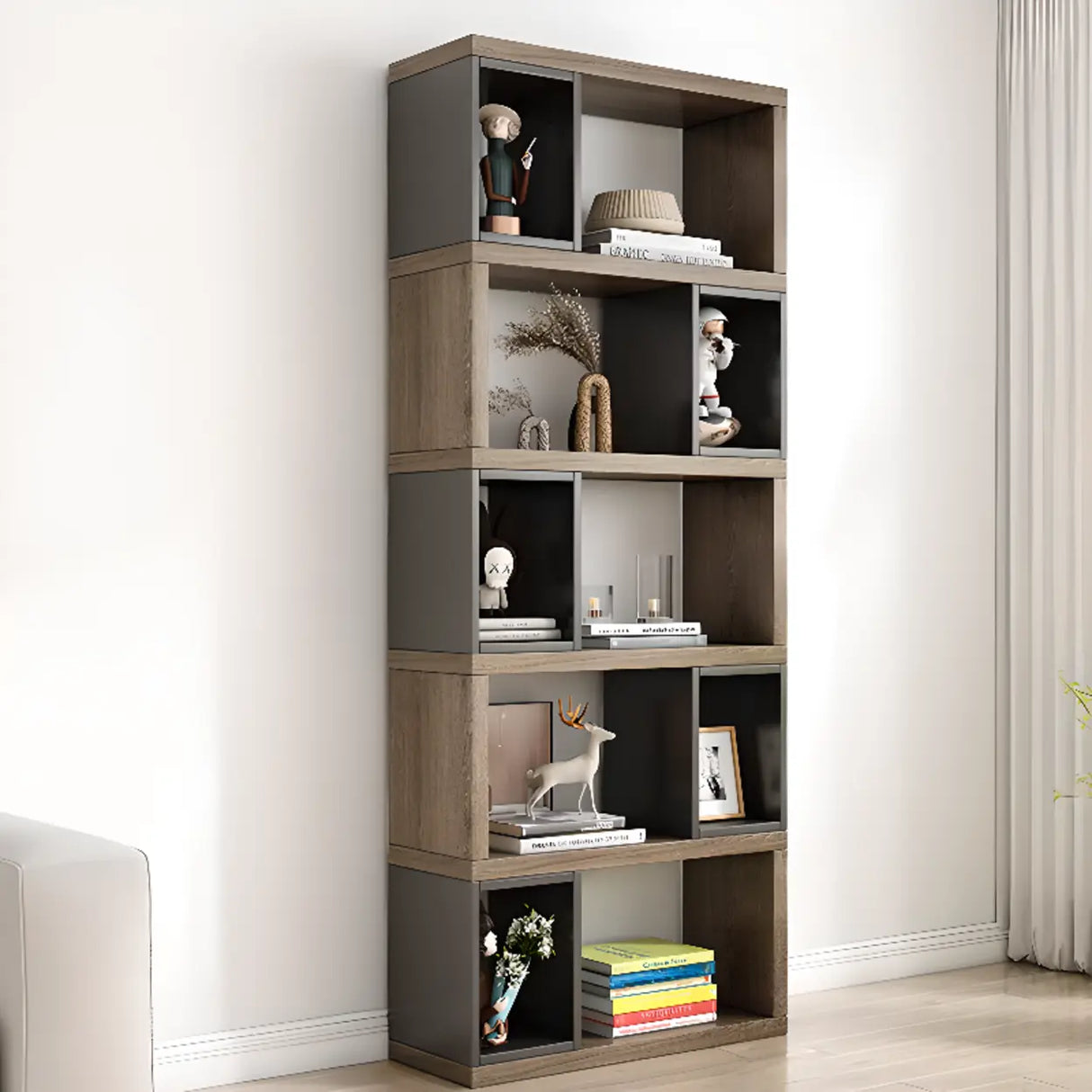 Modish Grey Cocoa Wood Open Rectangular Tall Bookcase Image - 19