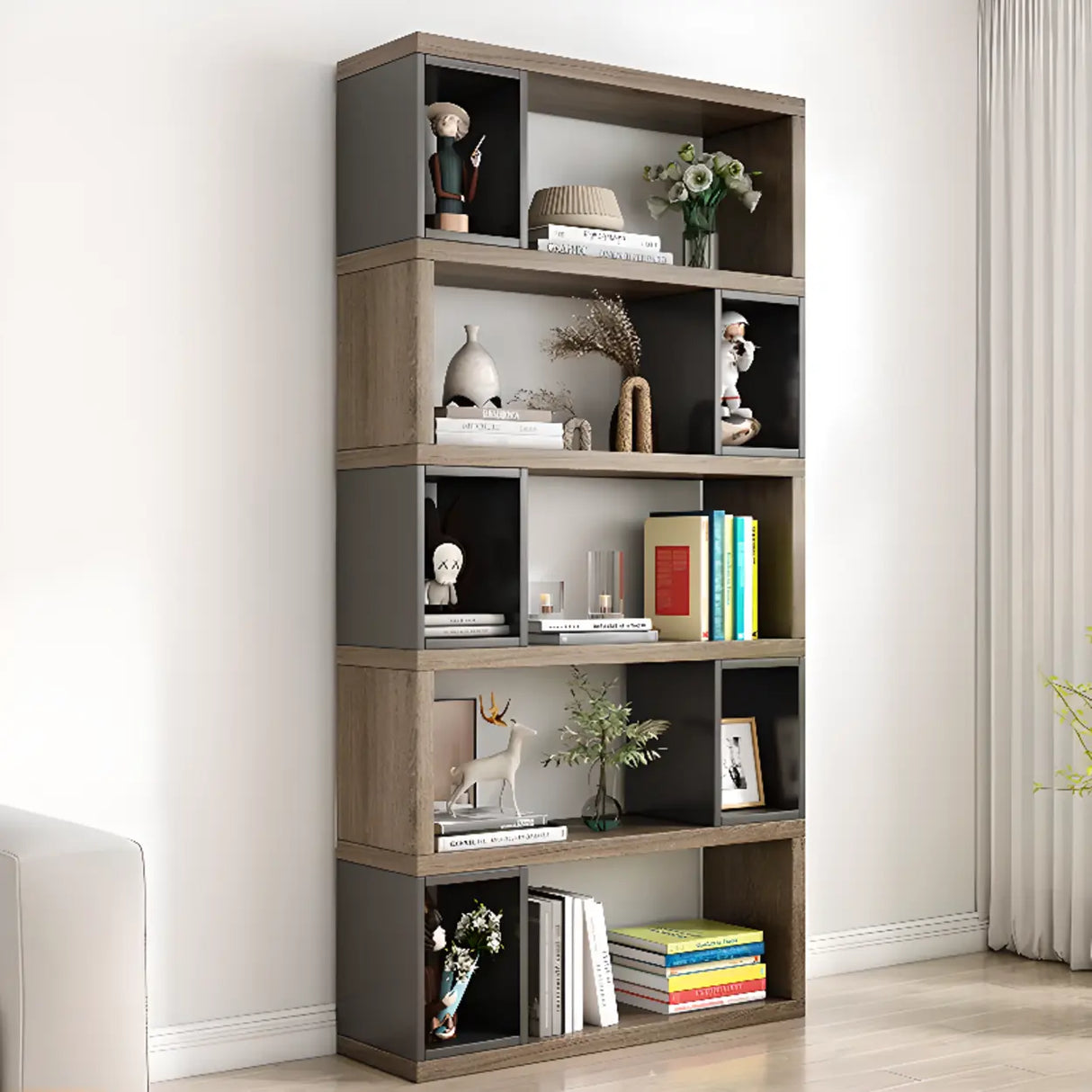 Modish Grey Cocoa Wood Open Rectangular Tall Bookcase Image - 20