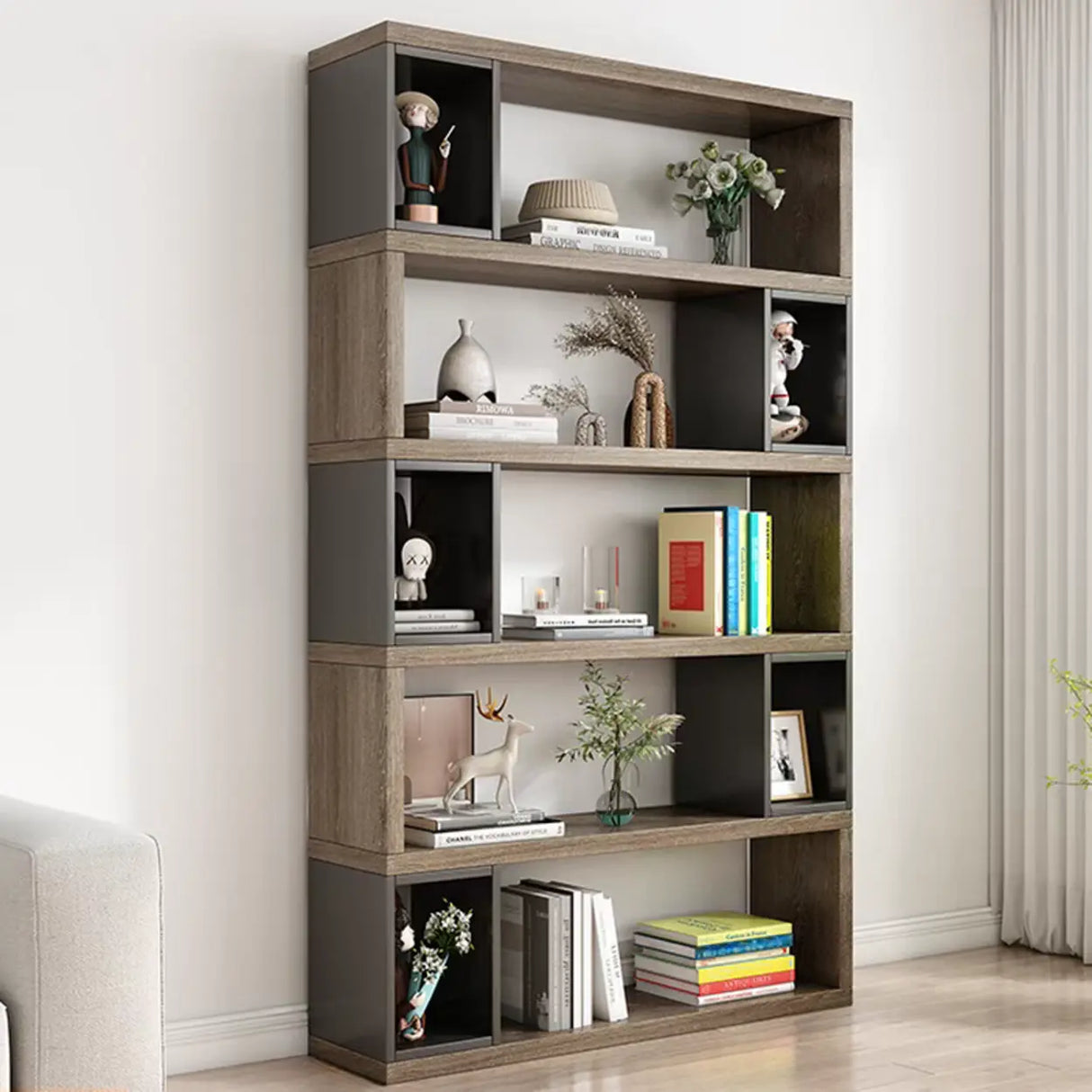 Modish Grey Cocoa Wood Open Rectangular Tall Bookcase Image - 21