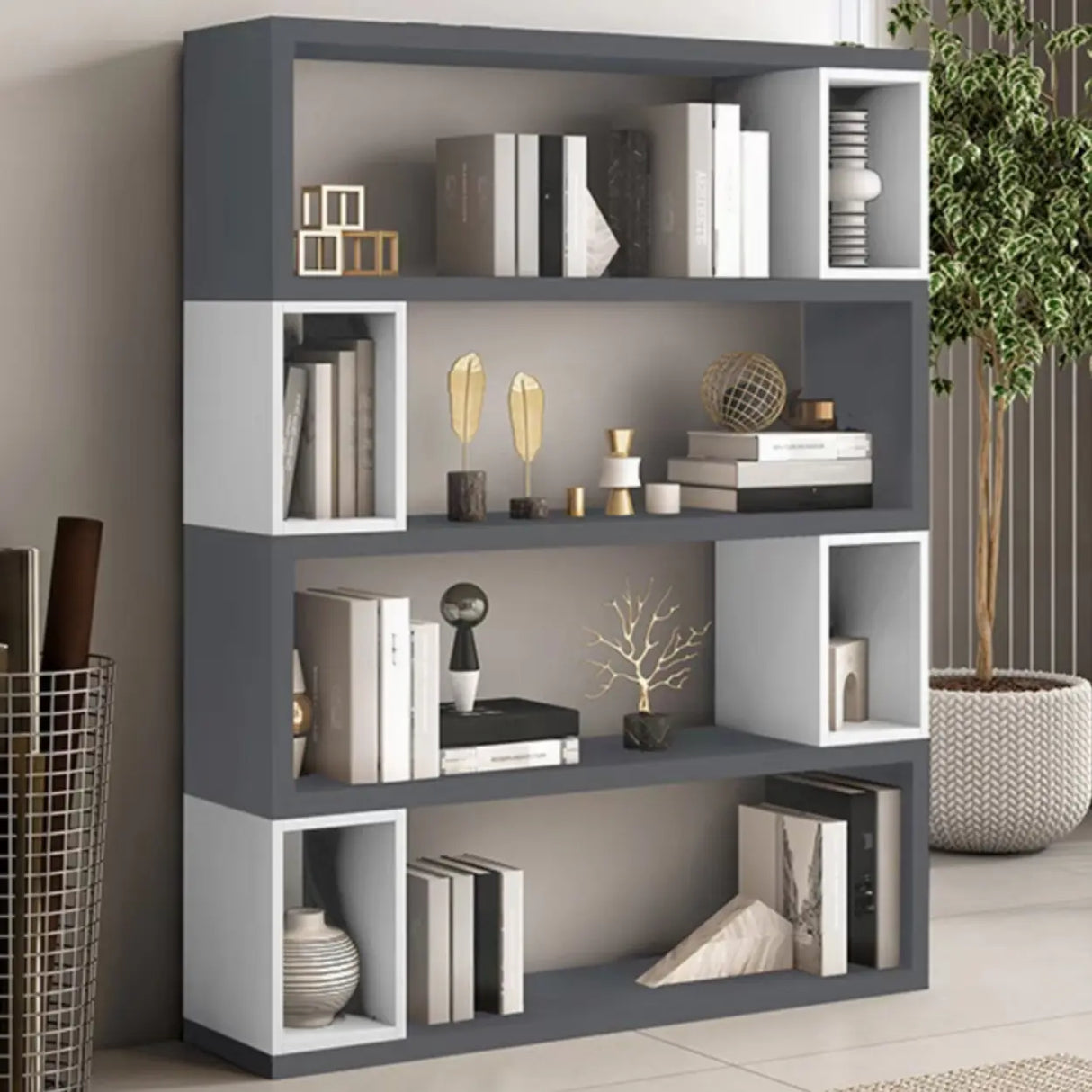 Modish Grey Cocoa Wood Open Rectangular Tall Bookcase Image - 3