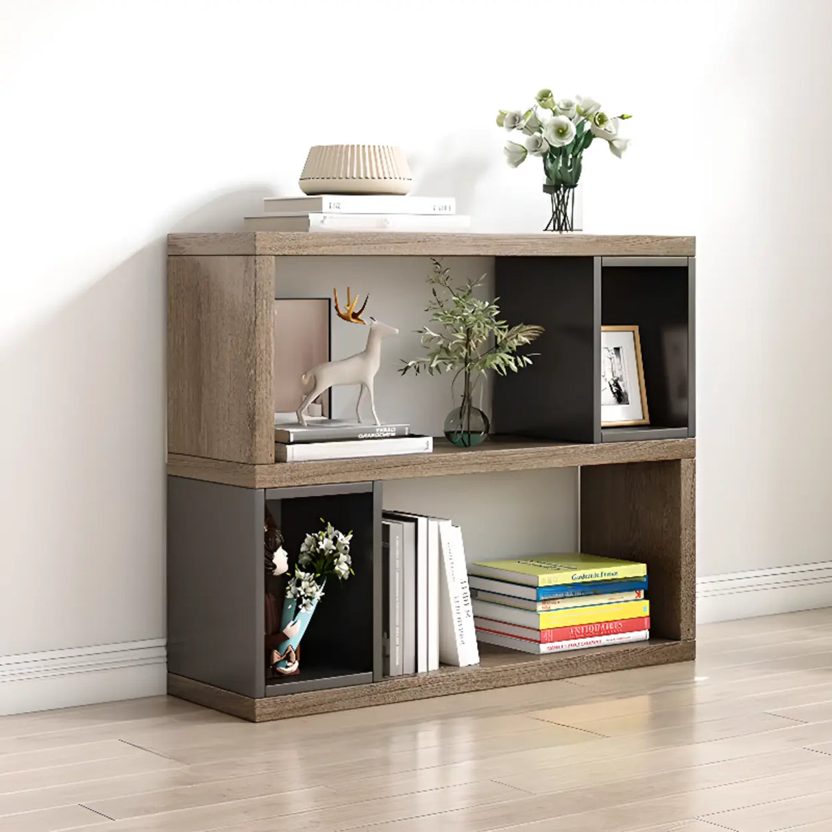 Modish Grey Cocoa Wood Open Rectangular Tall Bookcase Image - 4