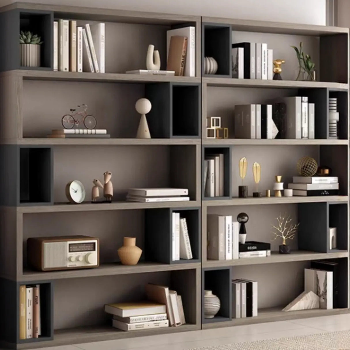 Modish Grey Cocoa Wood Open Rectangular Tall Bookcase Image - 5