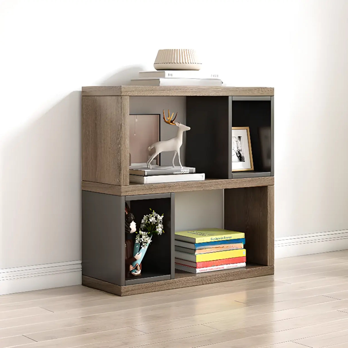 Modish Grey Cocoa Wood Open Rectangular Tall Bookcase Image - 8