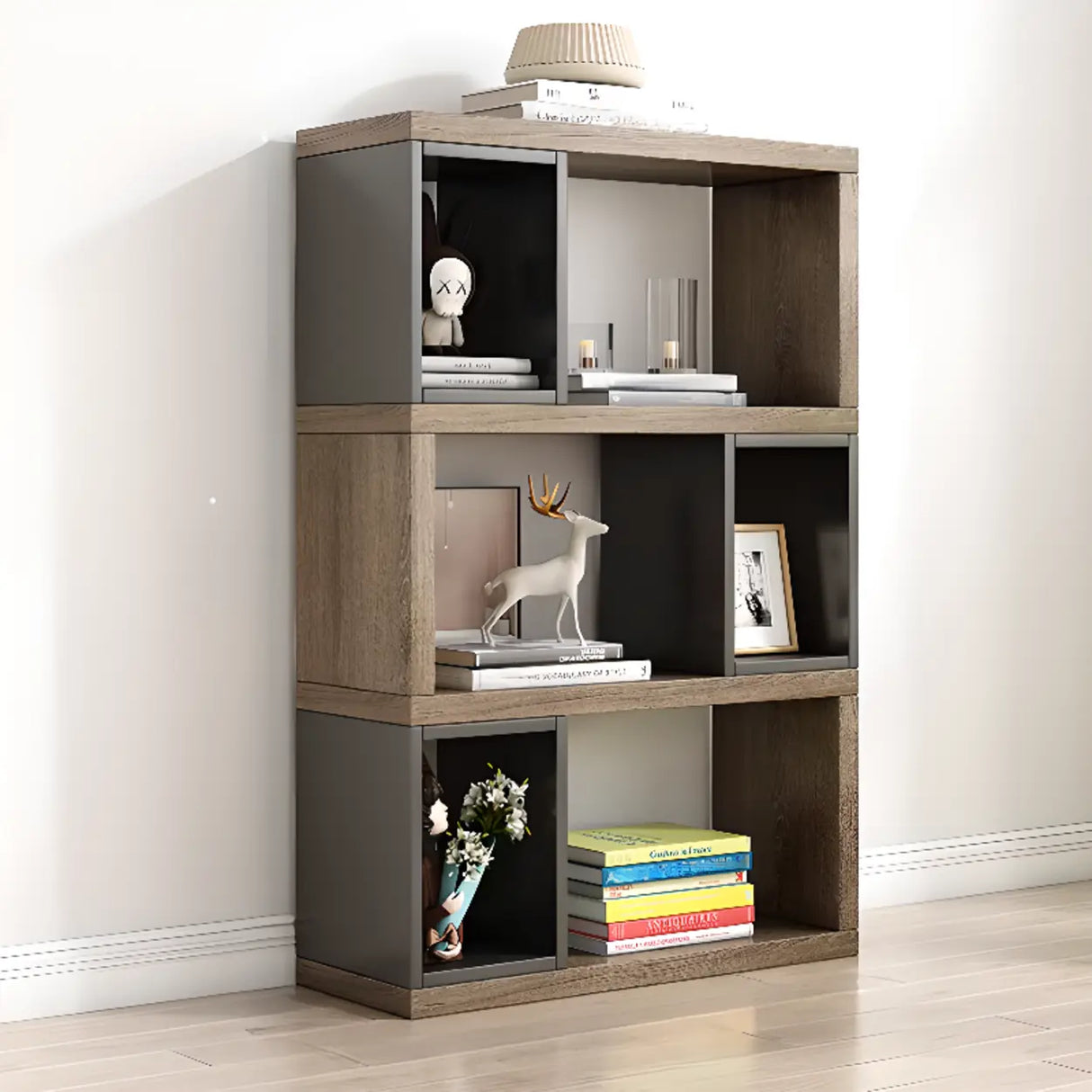 Modish Grey Cocoa Wood Open Rectangular Tall Bookcase Image - 9