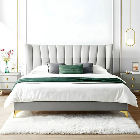 Modish Grey King Faux Leather Upholstered Wingback Bed Image - 1