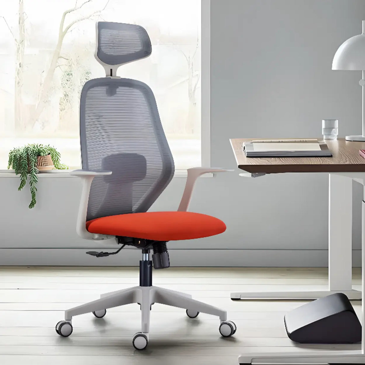 Modish Grey-Red Mesh Ergonomic Office Chair with Wheels Image - 1