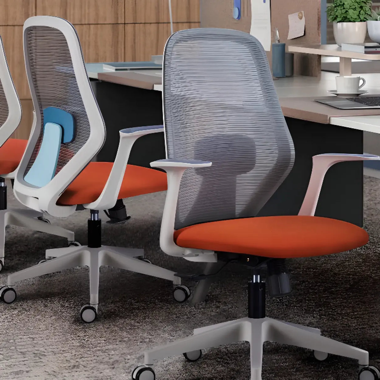 Modish Grey-Red Mesh Ergonomic Office Chair with Wheels Image - 10