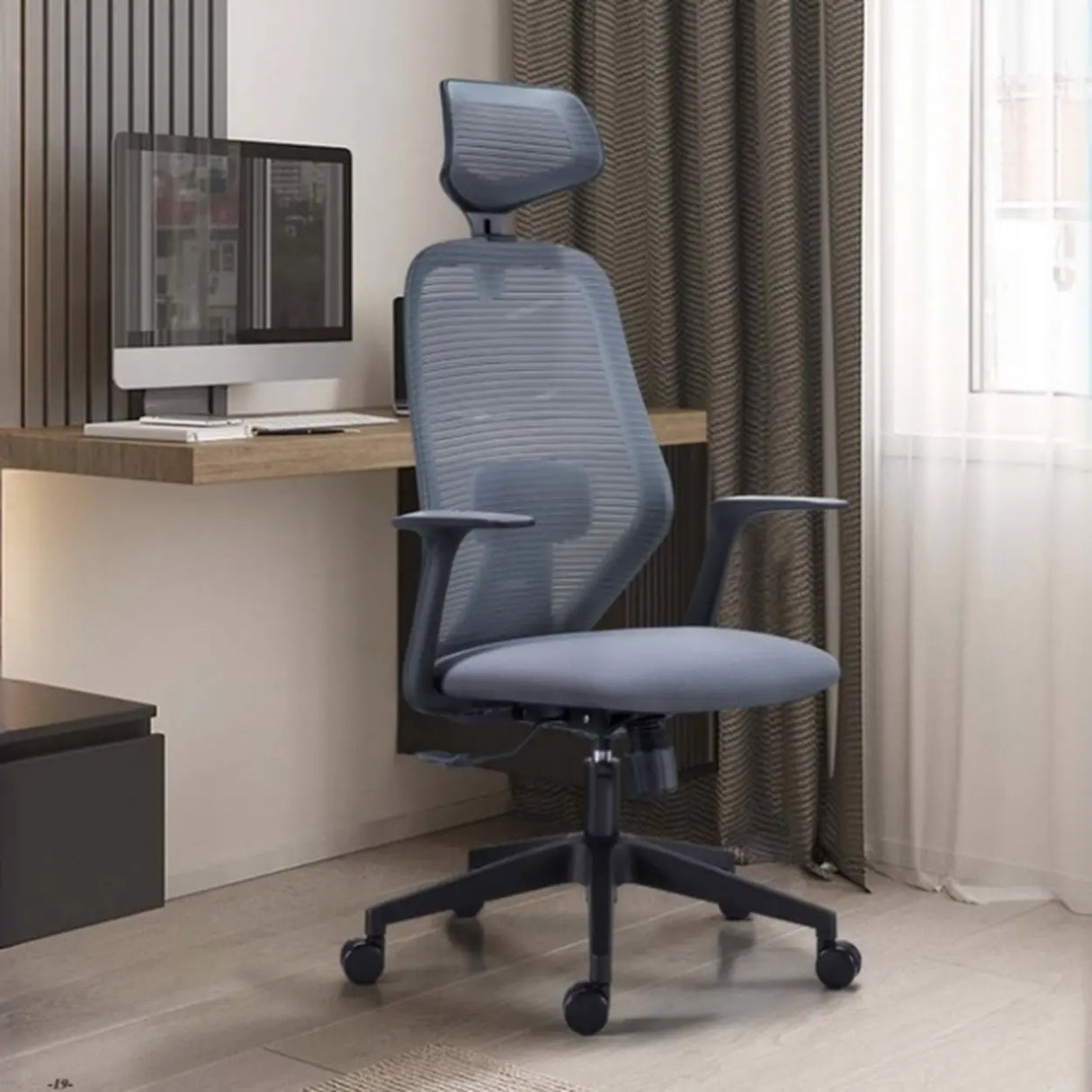 Modish Grey-Red Mesh Ergonomic Office Chair with Wheels Image - 12