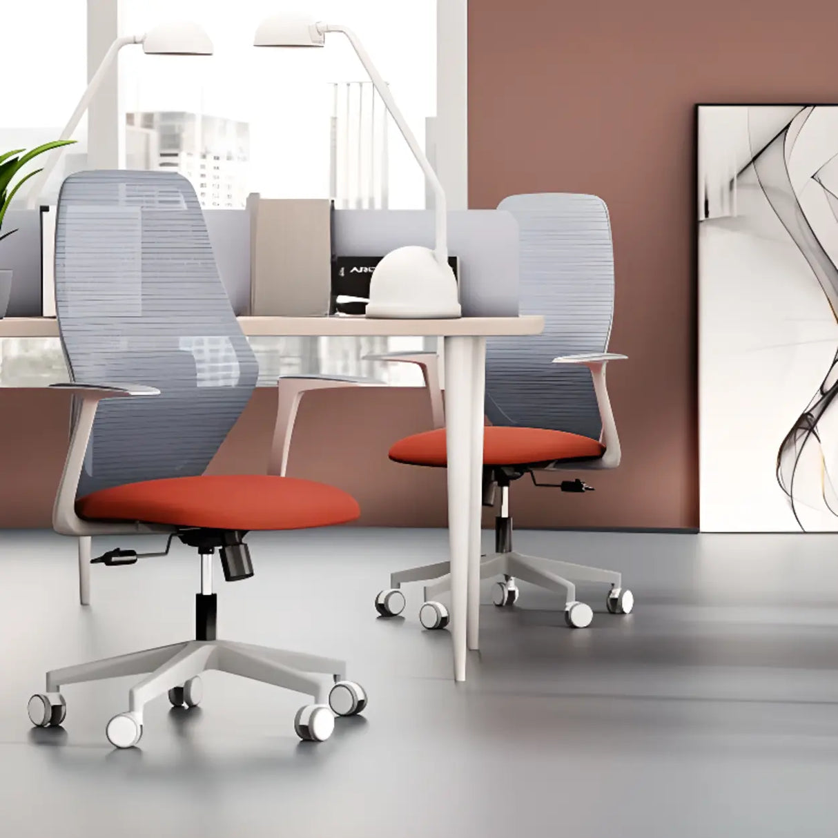 Modish Grey-Red Mesh Ergonomic Office Chair with Wheels Image - 9
