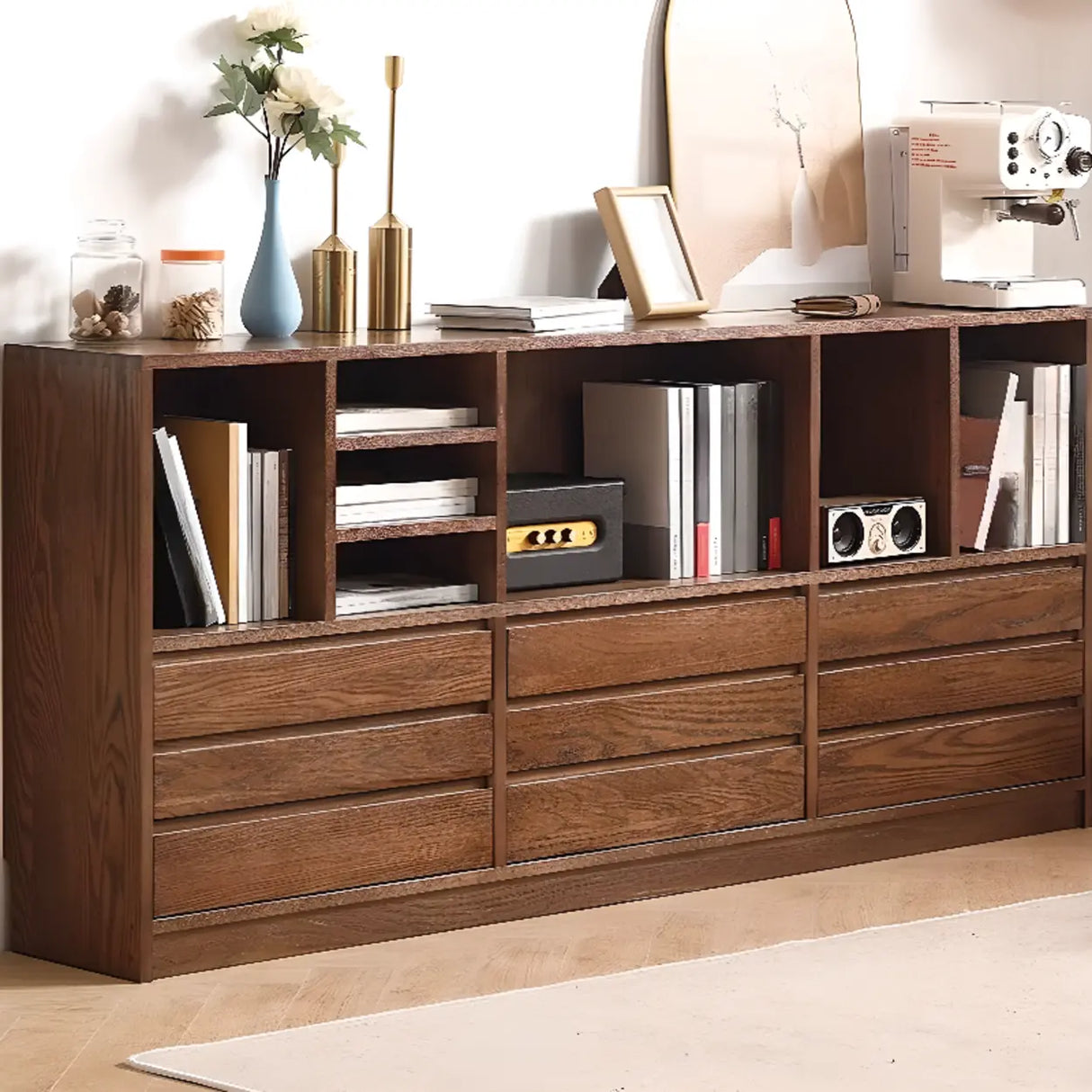 Modish Horizontal Brown Wood Short Storage Bookcase Image - 1