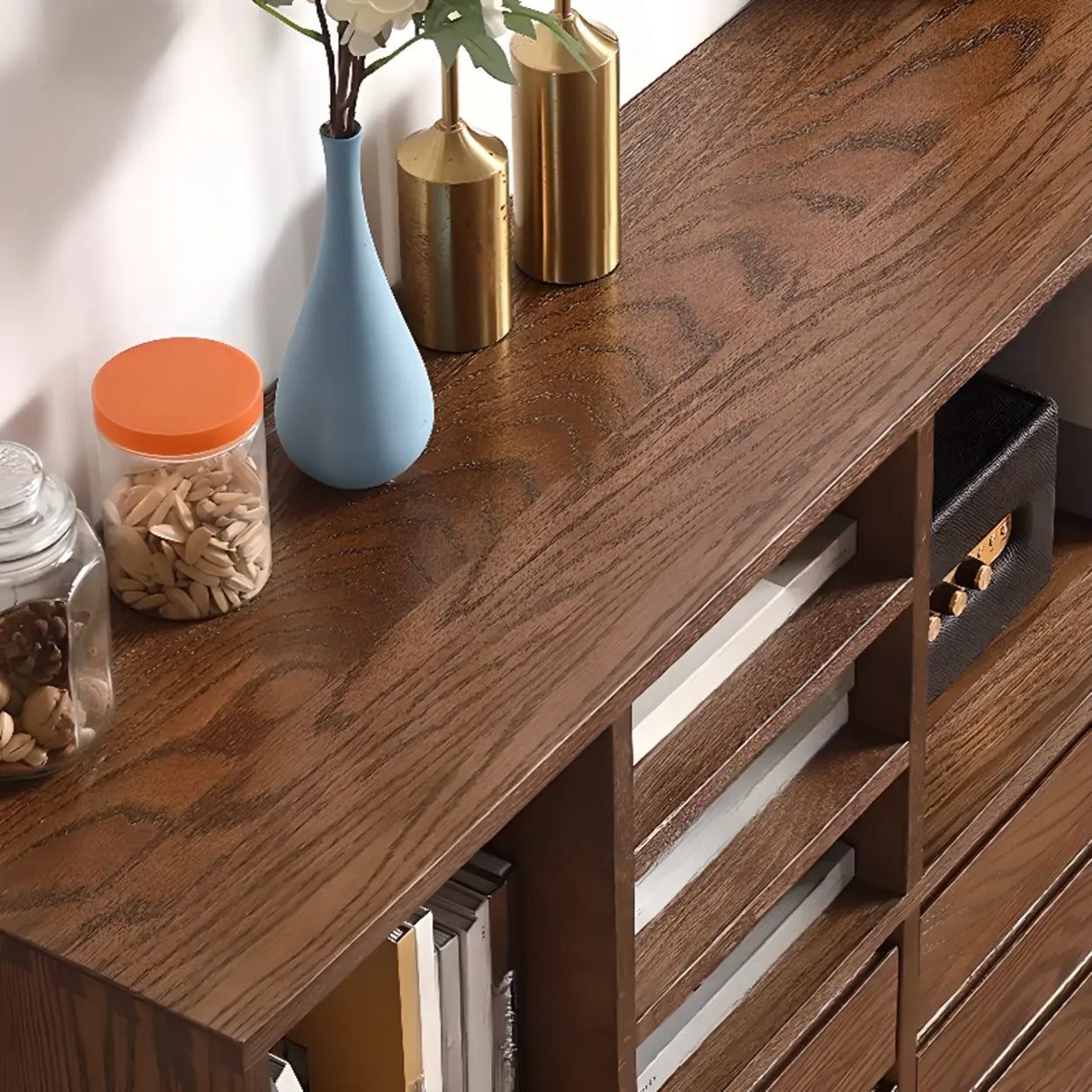 Modish Horizontal Brown Wood Short Storage Bookcase Image - 12