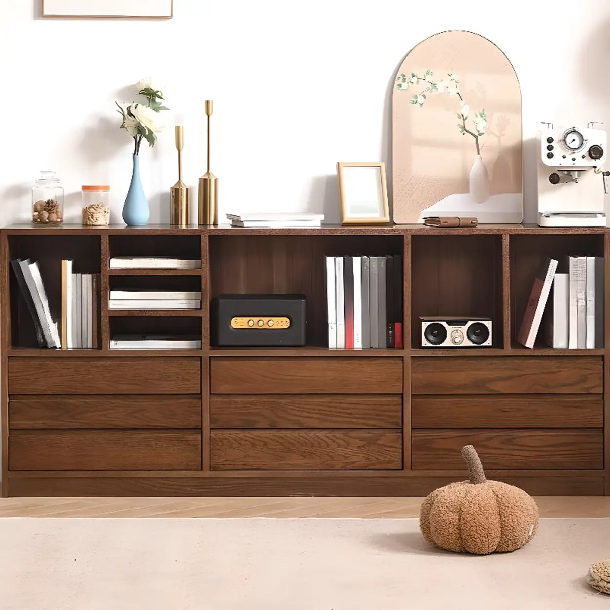 Modish Horizontal Brown Wood Short Storage Bookcase Image - 4