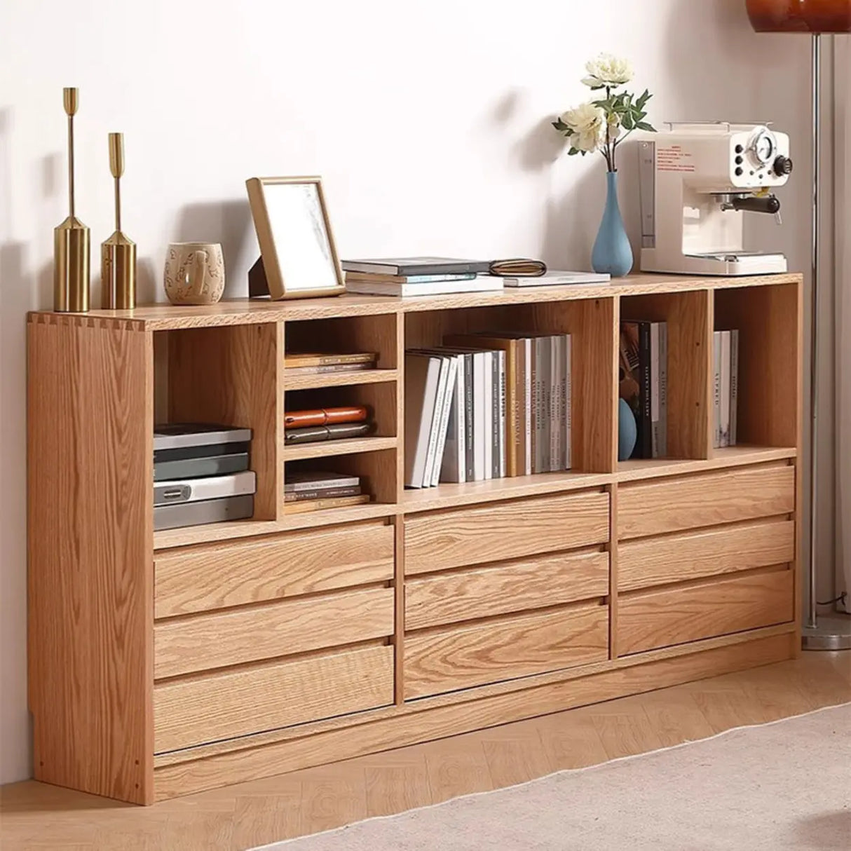 Modish Horizontal Brown Wood Short Storage Bookcase Image - 6