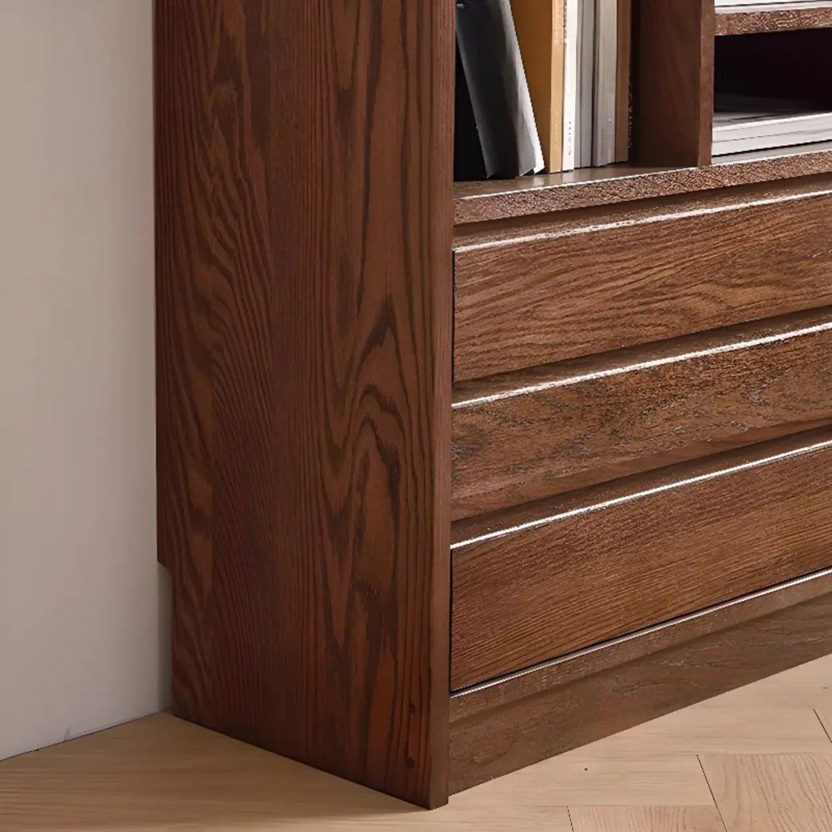Modish Horizontal Brown Wood Short Storage Bookcase Image - 8