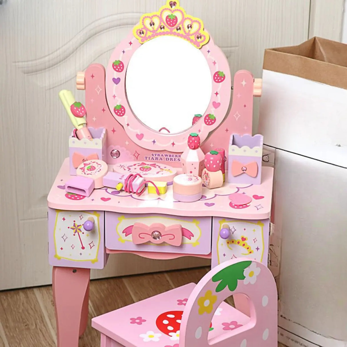 Modish Kids Wood Pink Vanity Set with Mirror and Drawers Image - 1