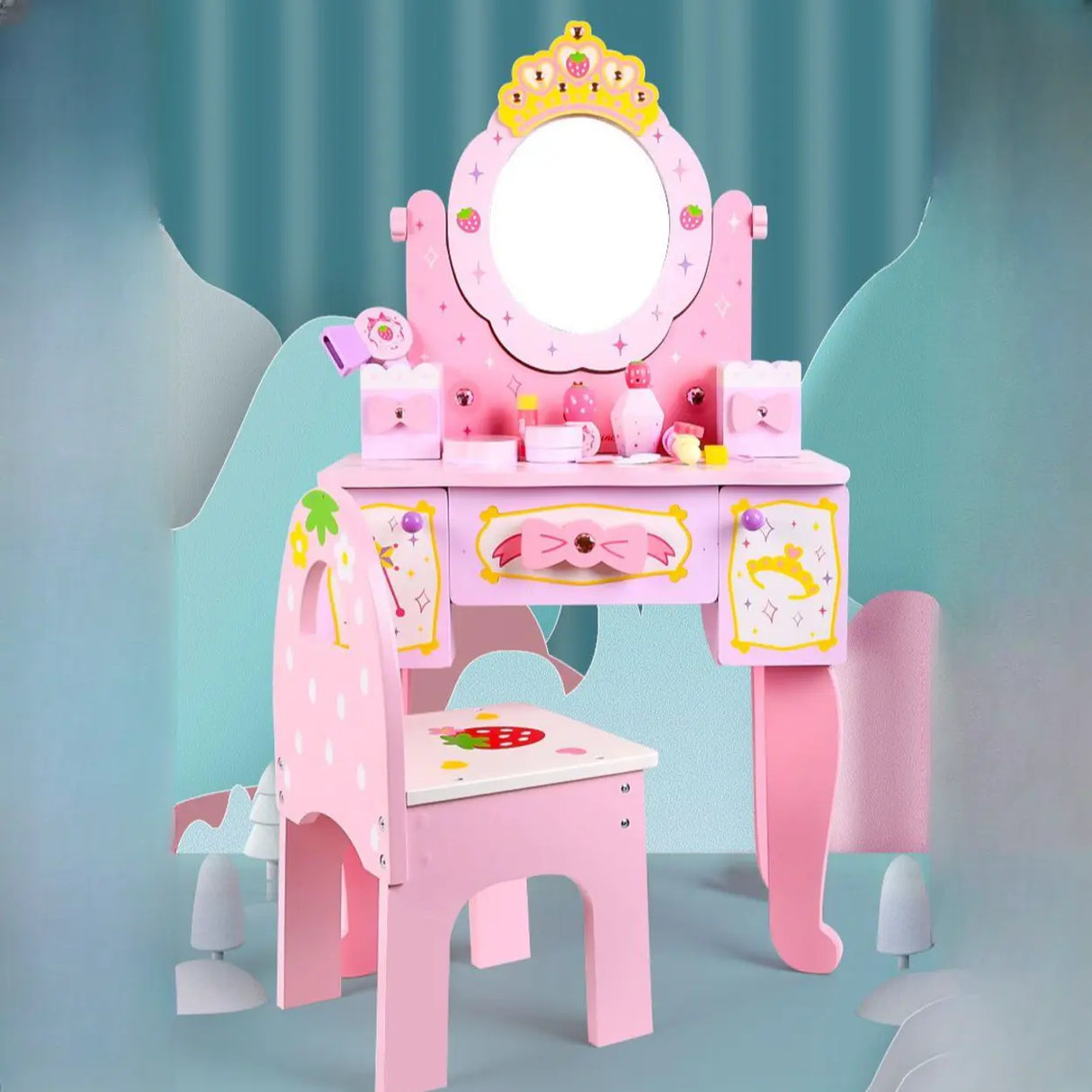 Modish Kids Wood Pink Vanity Set with Mirror and Drawers Image - 6