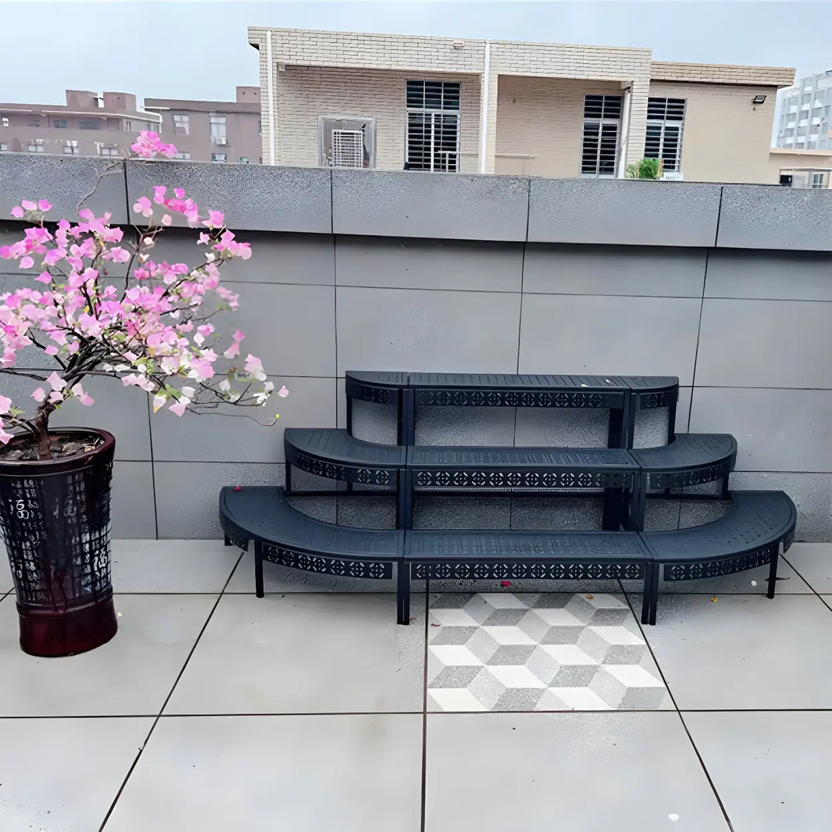 Modish Metal Semi-Circle Balcony Black Plant Stand Image - 13