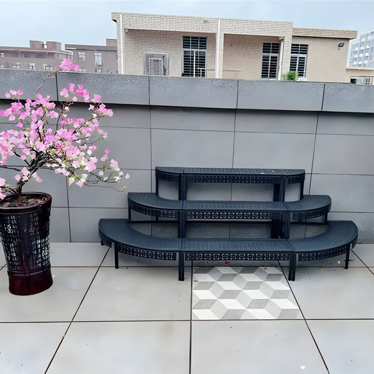 Modish Metal Semi-Circle Balcony Black Plant Stand Image - 4