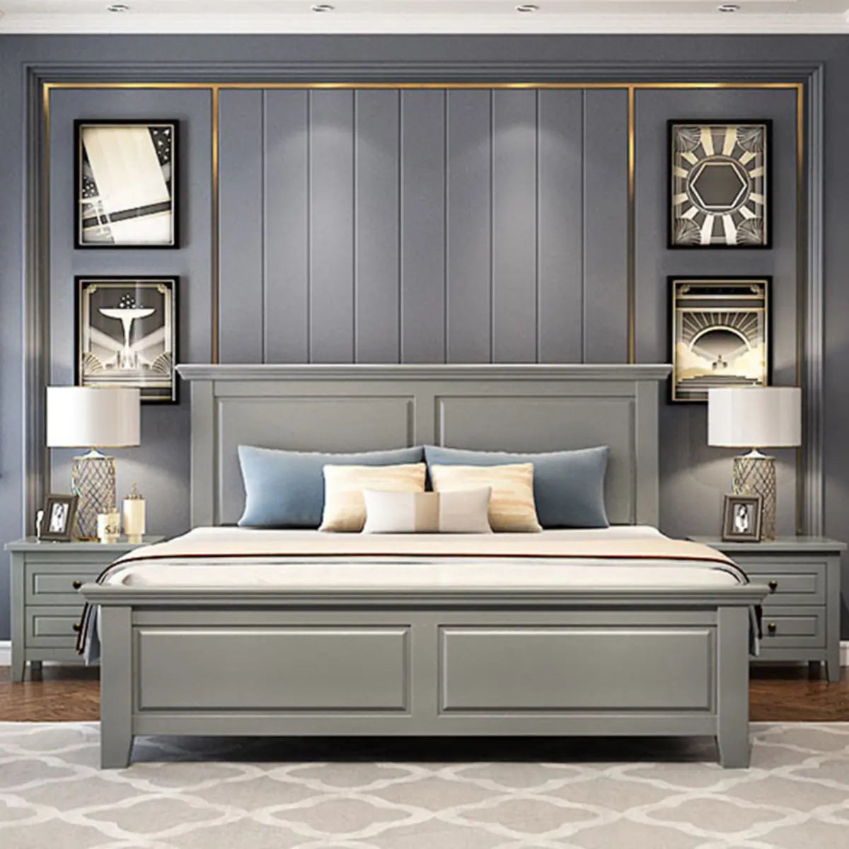 Modish Modern Grey Queen Headboard Panel Wood Bed Frame Image - 4