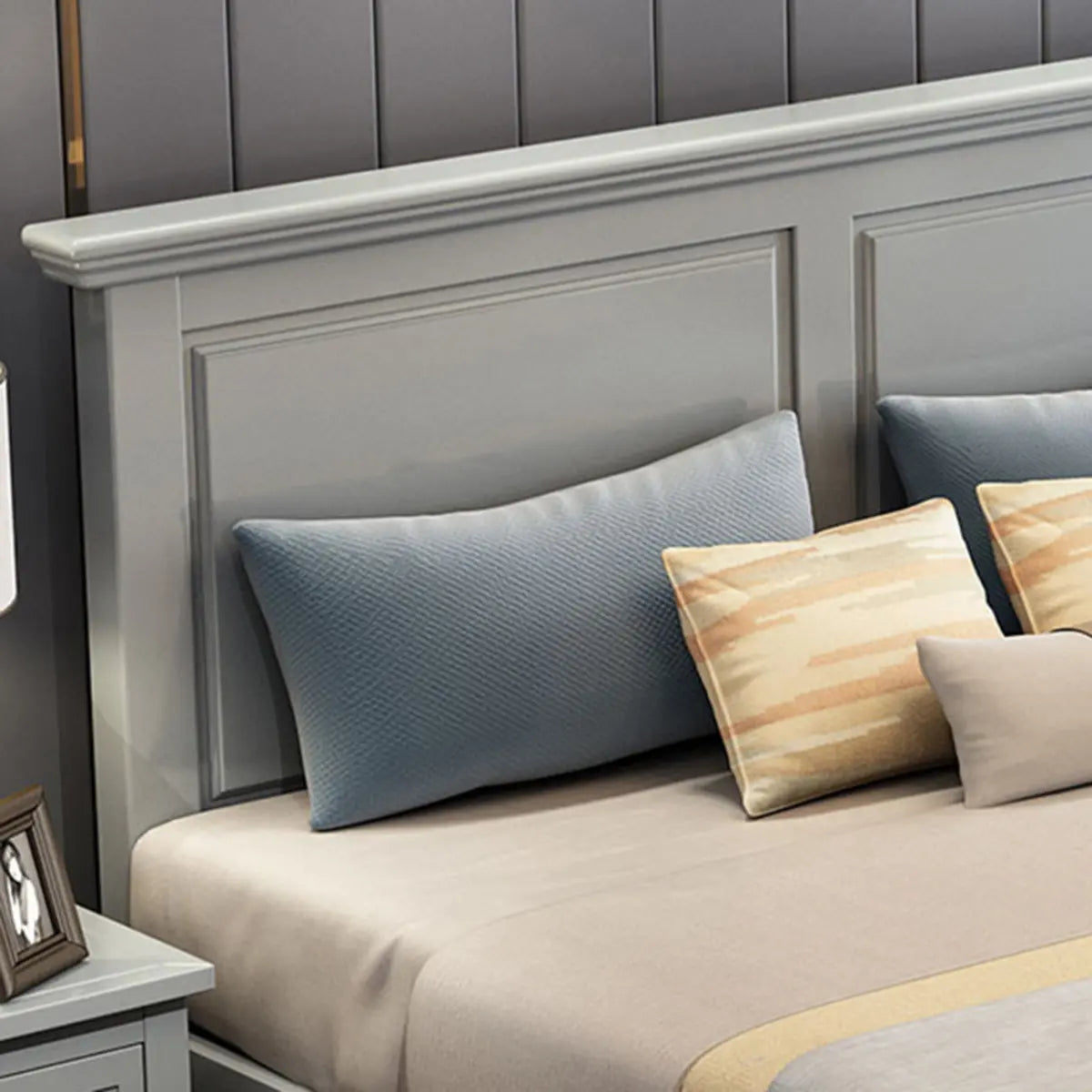 Modish Modern Grey Queen Headboard Panel Wood Bed Frame Image - 6