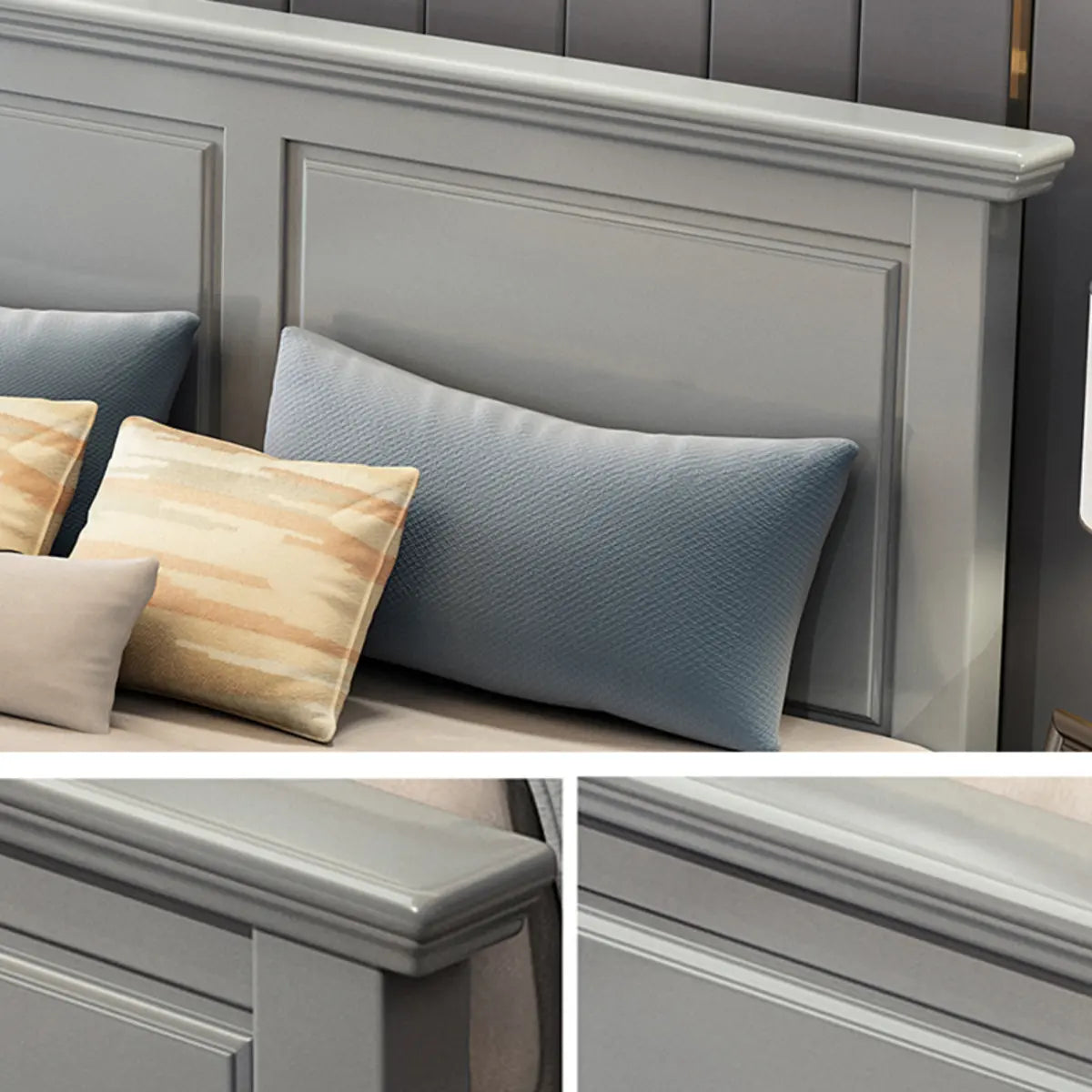 Modish Modern Grey Queen Headboard Panel Wood Bed Frame Image - 8