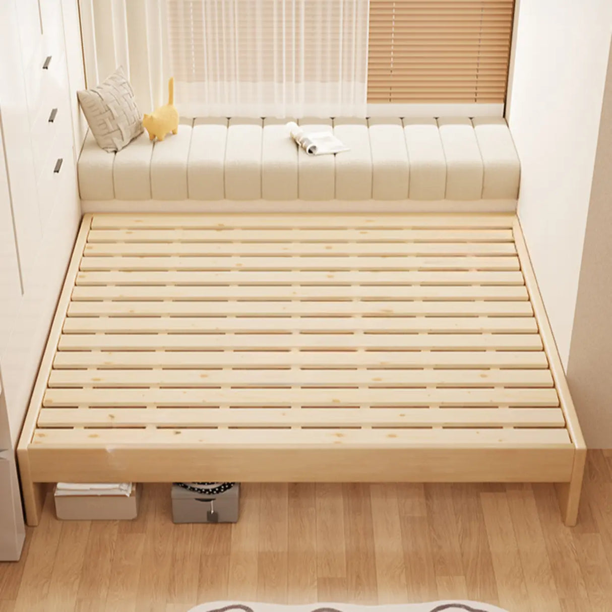 Modish Natural Queen Wood Panel Storage Included Bed Image - 5