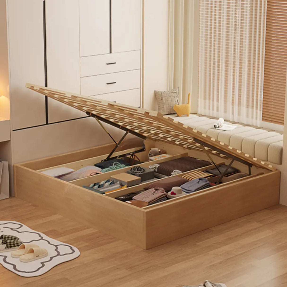 Modish Natural Queen Wood Panel Storage Included Bed Image - 8