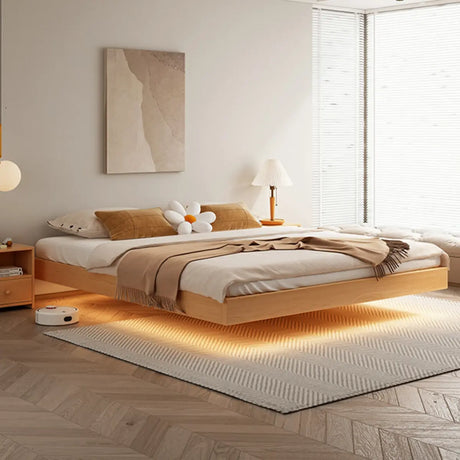 Modish Oak Wood Minimalist Natural Queen Platform Bed Image - 1