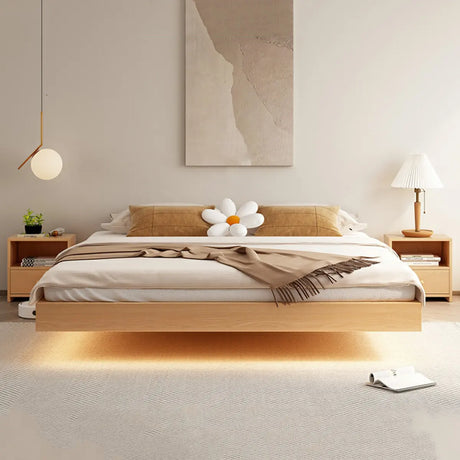 Modish Oak Wood Minimalist Natural Queen Platform Bed Image - 2
