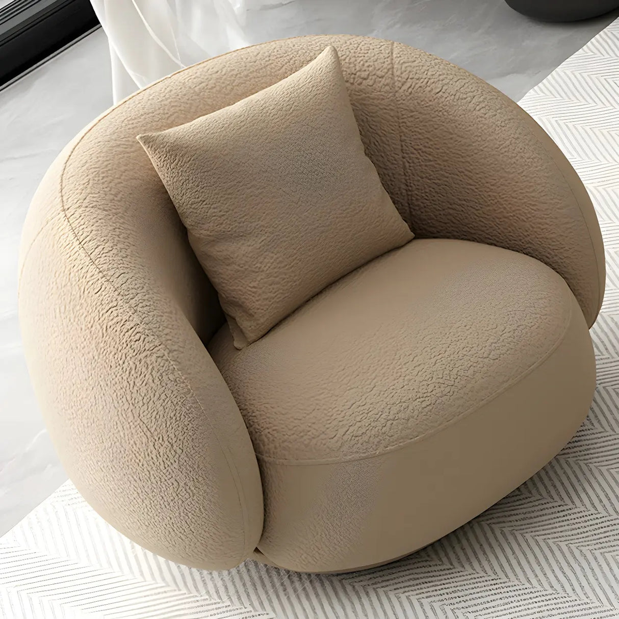Modish Off-White Curved Sloped Arms Fabric Shallow Sofa Image - 9