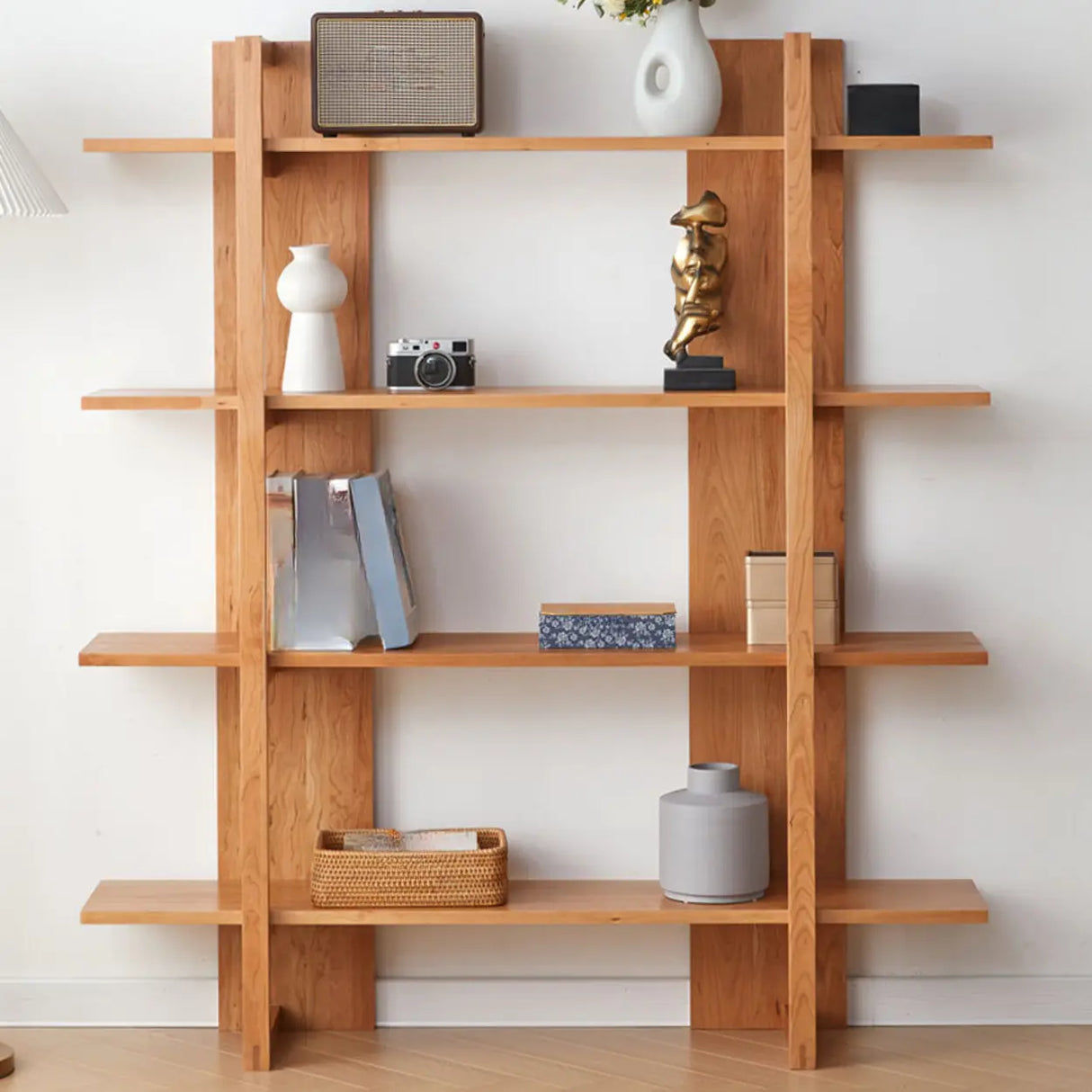 Modish Open Vertical Wood Etagere Display Bookshelf Image - 1