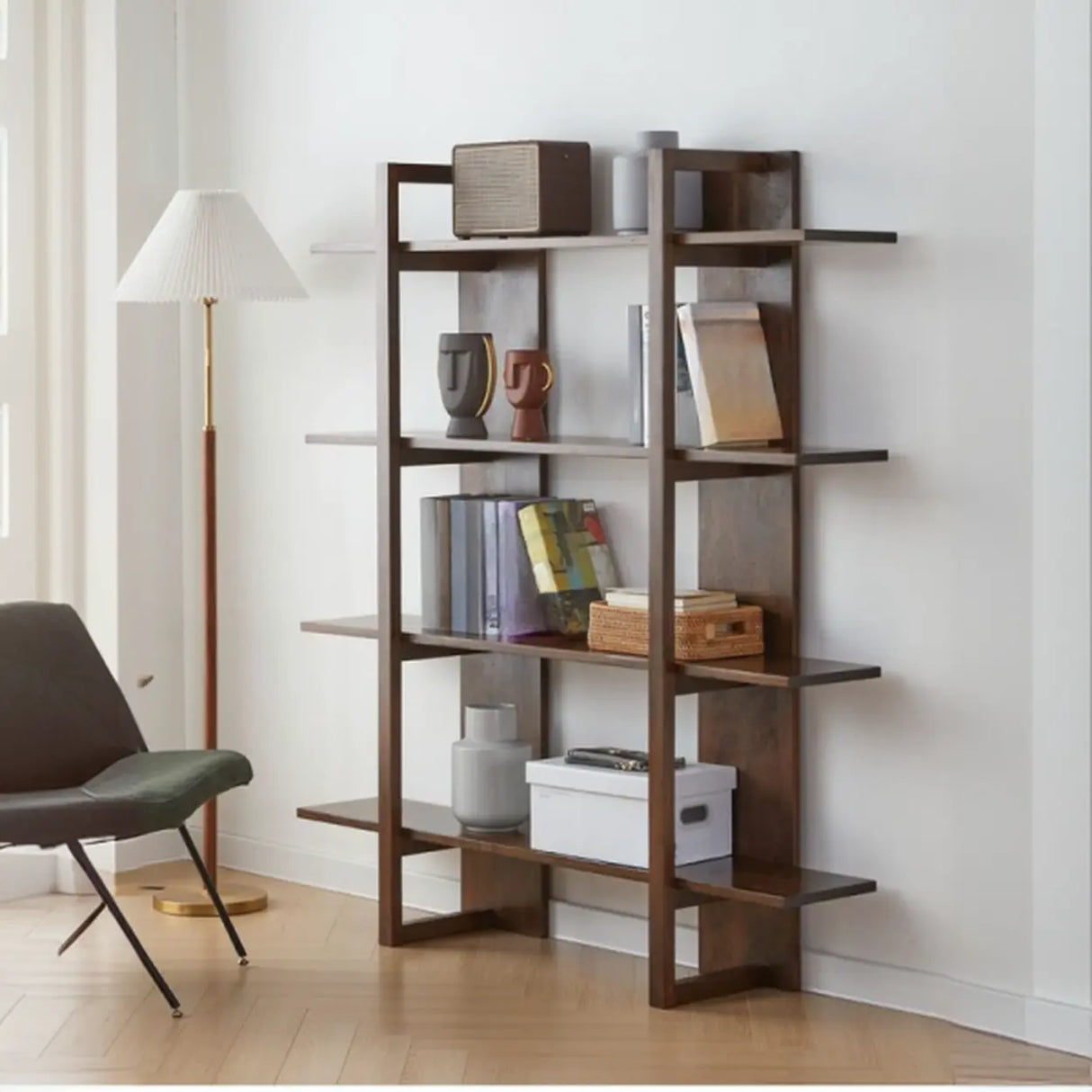 Modish Open Vertical Wood Etagere Display Bookshelf Image - 6