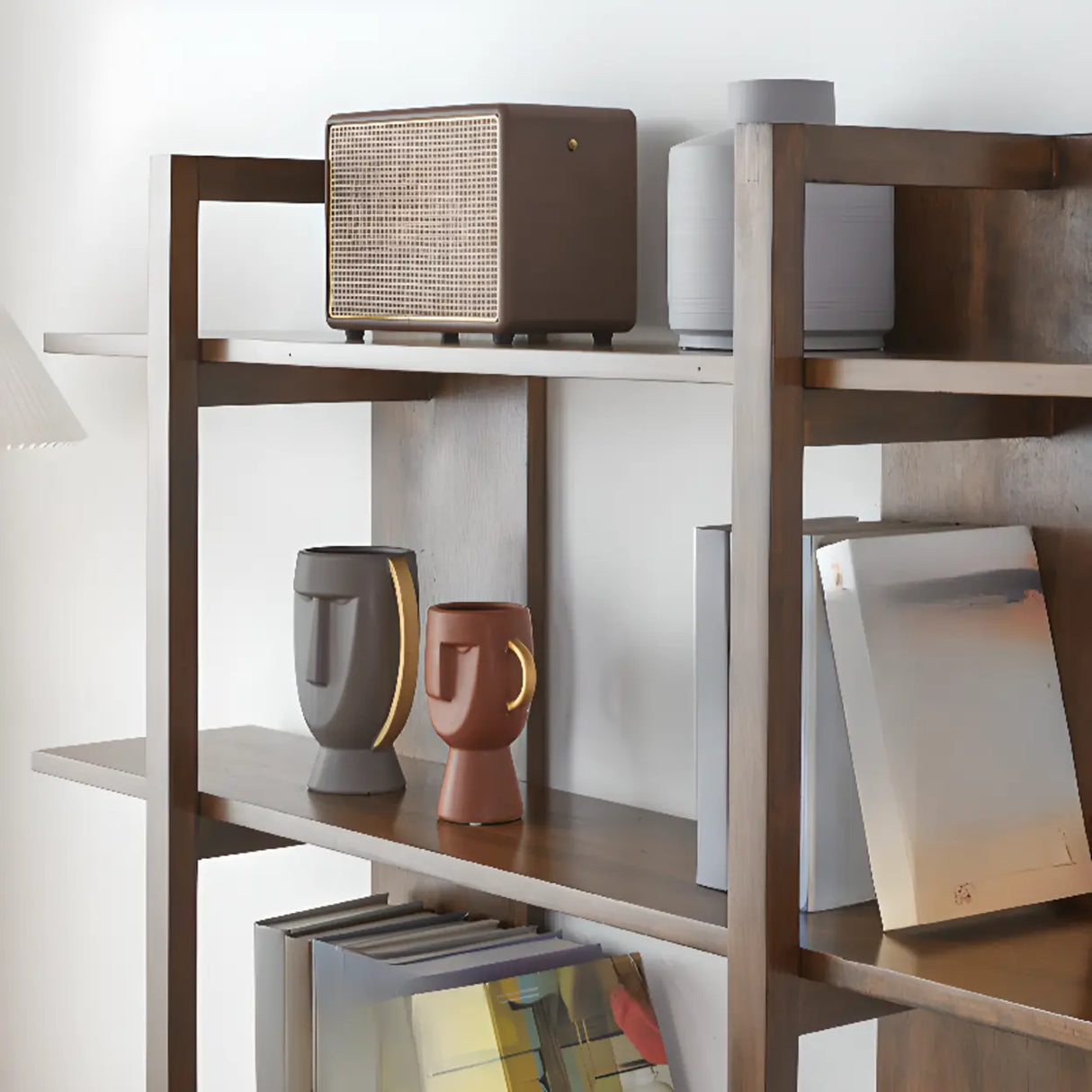 Modish Open Vertical Wood Etagere Display Bookshelf Image - 9