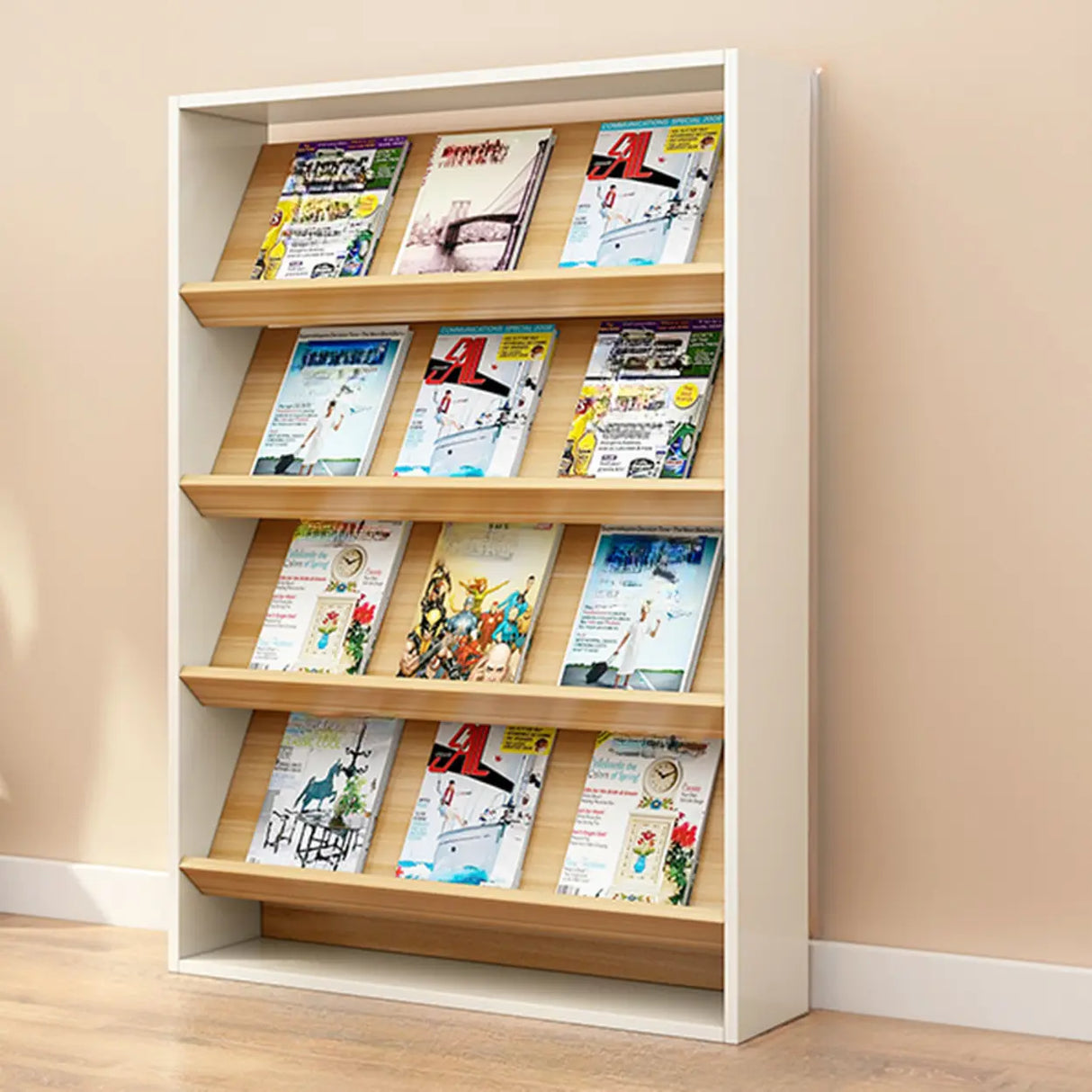 Modish Rectangle Wood White Vertical Display Bookcase Image - 3