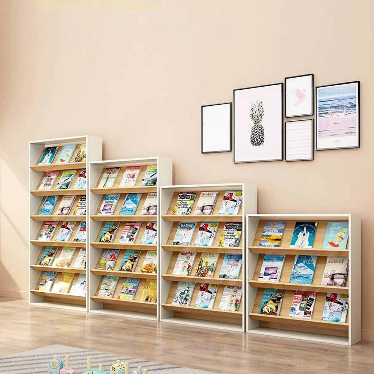 Modish Rectangle Wood White Vertical Display Bookcase Image - 4