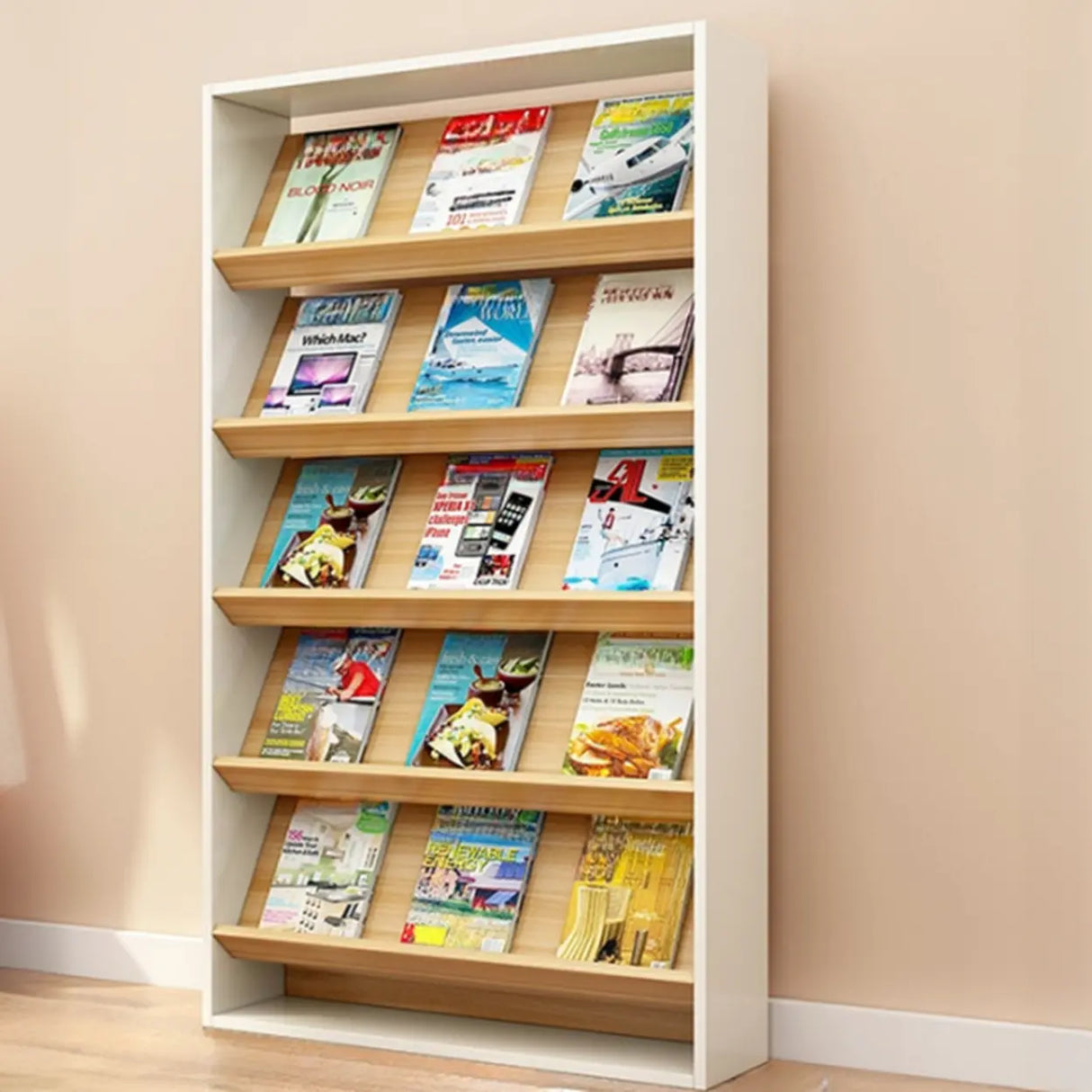 Modish Rectangle Wood White Vertical Display Bookcase Image - 5
