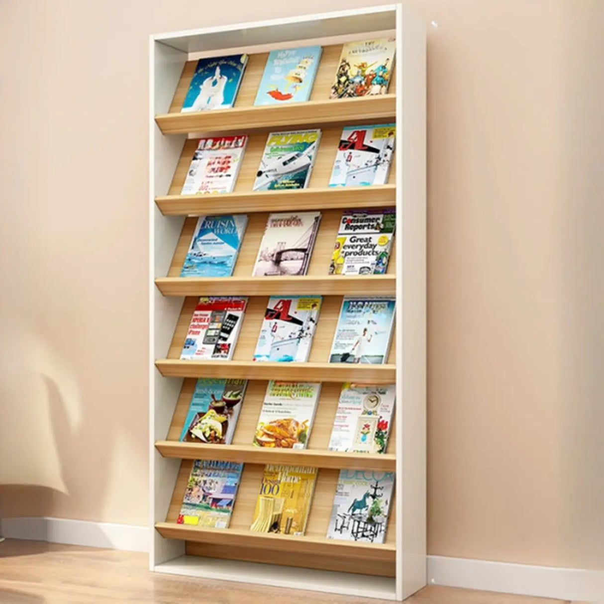 Modish Rectangle Wood White Vertical Display Bookcase Image - 7