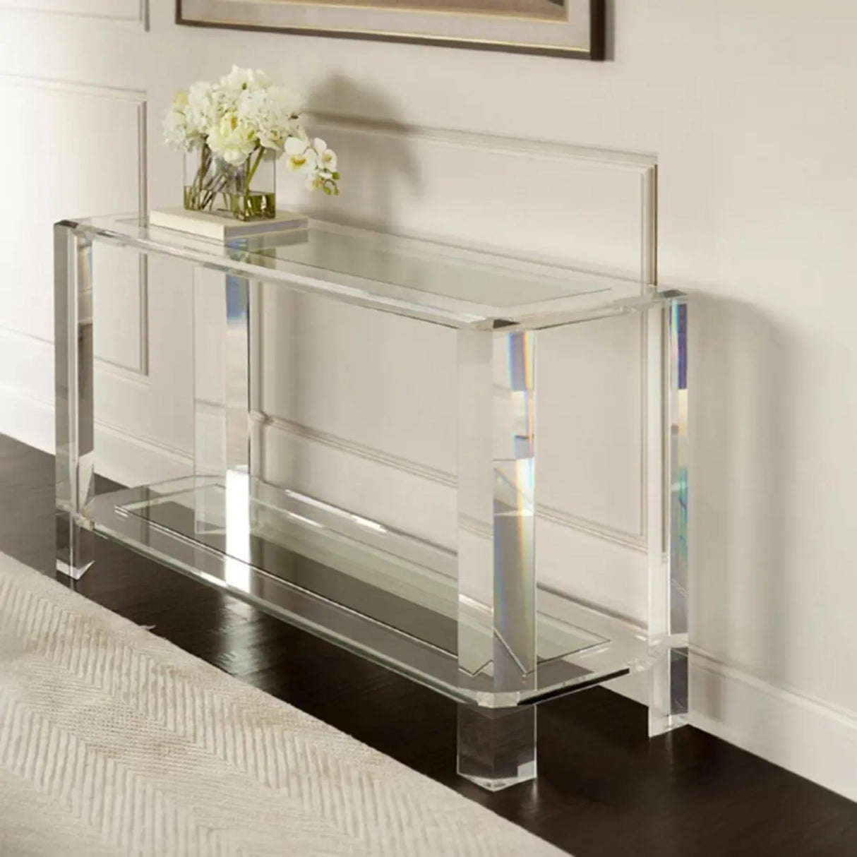 Modish Rectangular Acrylic Clear Floor Shelf Console Table Image - 1