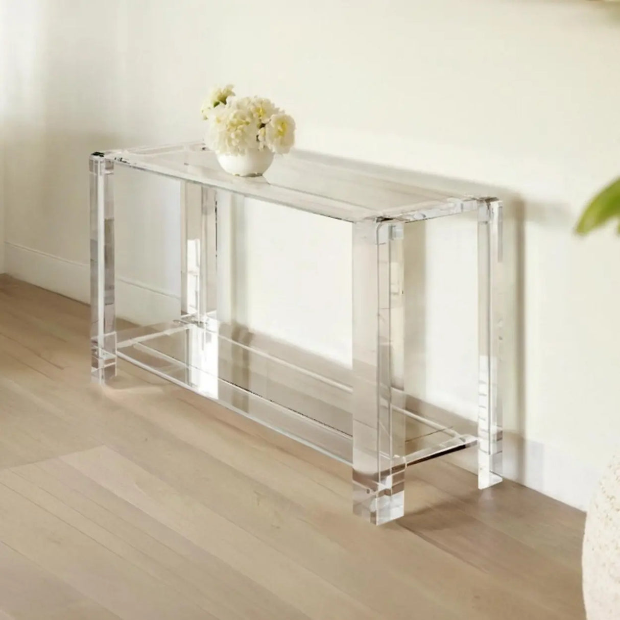 Modish Rectangular Acrylic Clear Floor Shelf Console Table Image - 3