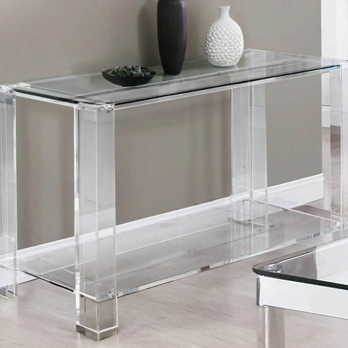 Modish Rectangular Acrylic Clear Floor Shelf Console Table Image - 5