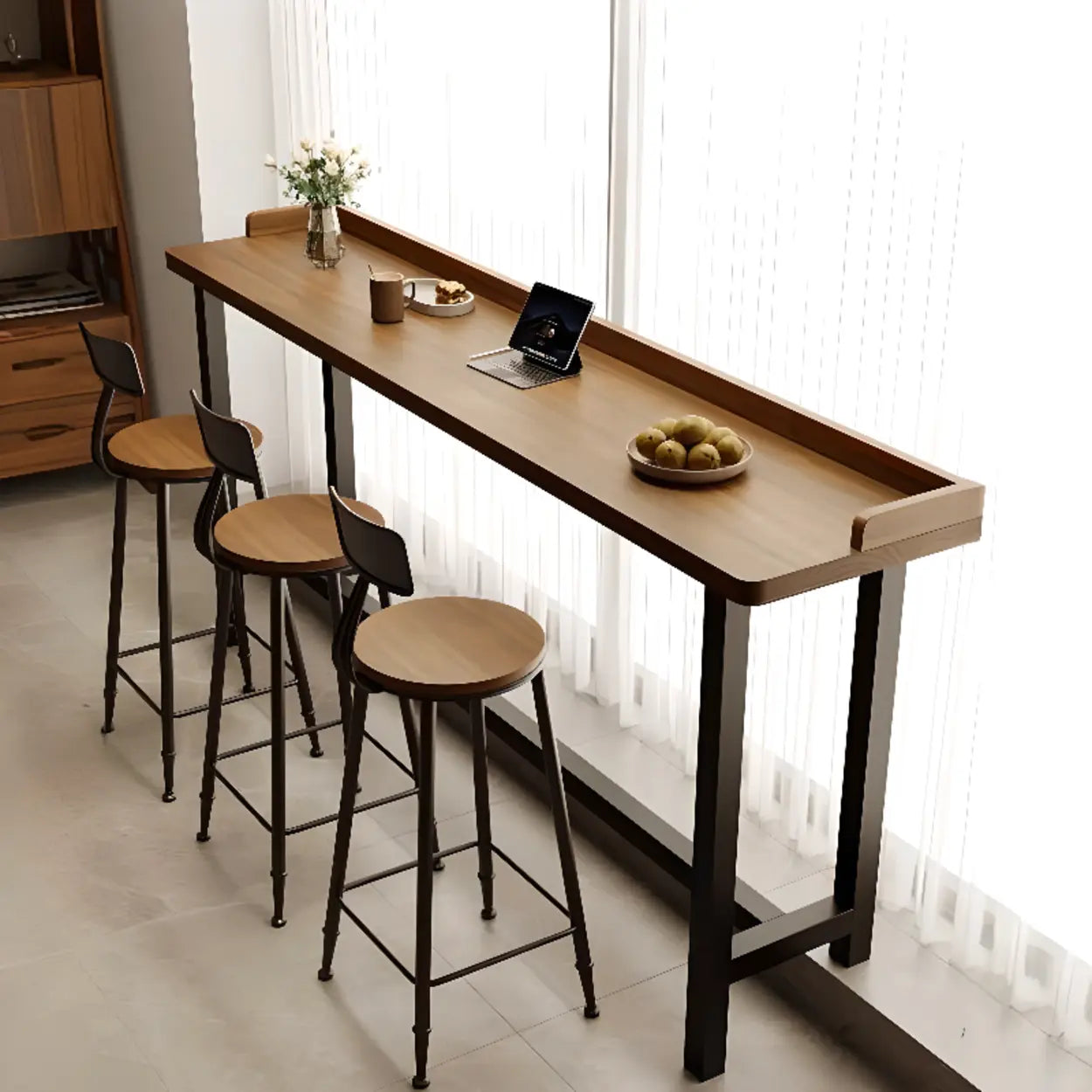 Modish Rectangular Brown Wood Fixed High Bar Table Set Image - 1